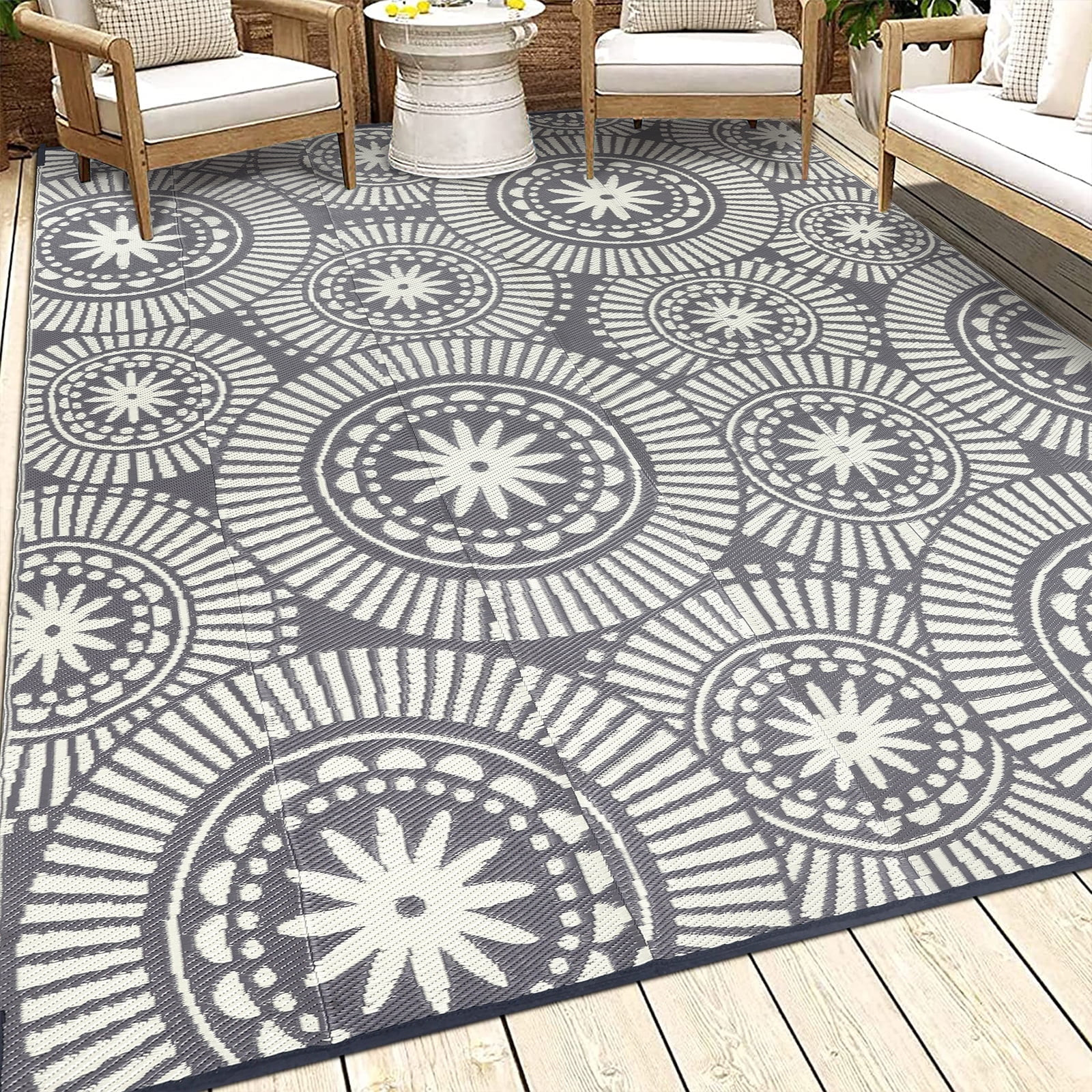 Ileading Reversible Outdoor Rug Floral Waterproof Patio Carpet (Grey, 6 ft Round) dj9ak