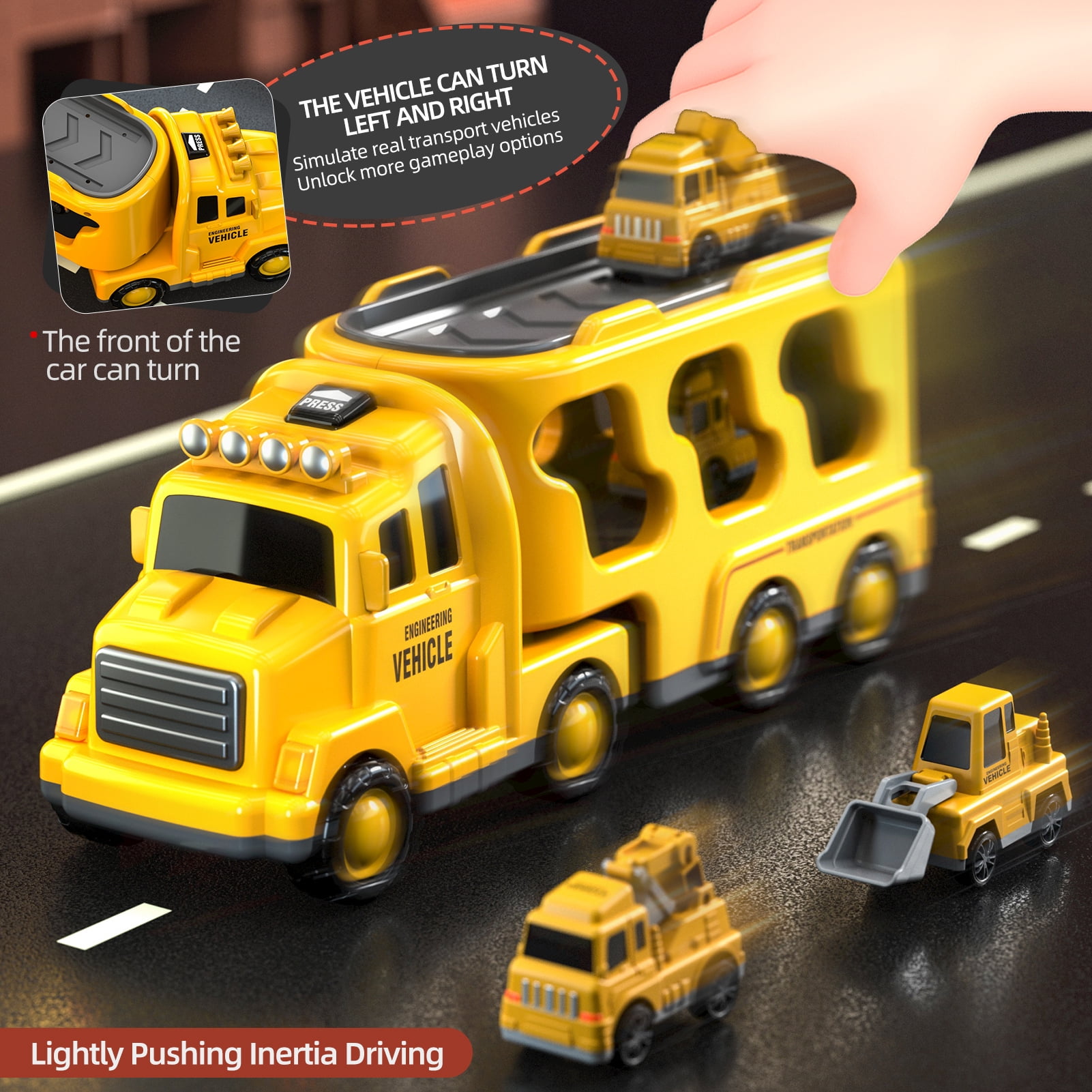 Lucky Doug Friction Powered Transport Carrier Truck with 4 Mini Cars (Yellow, 1 Set) pkaw2