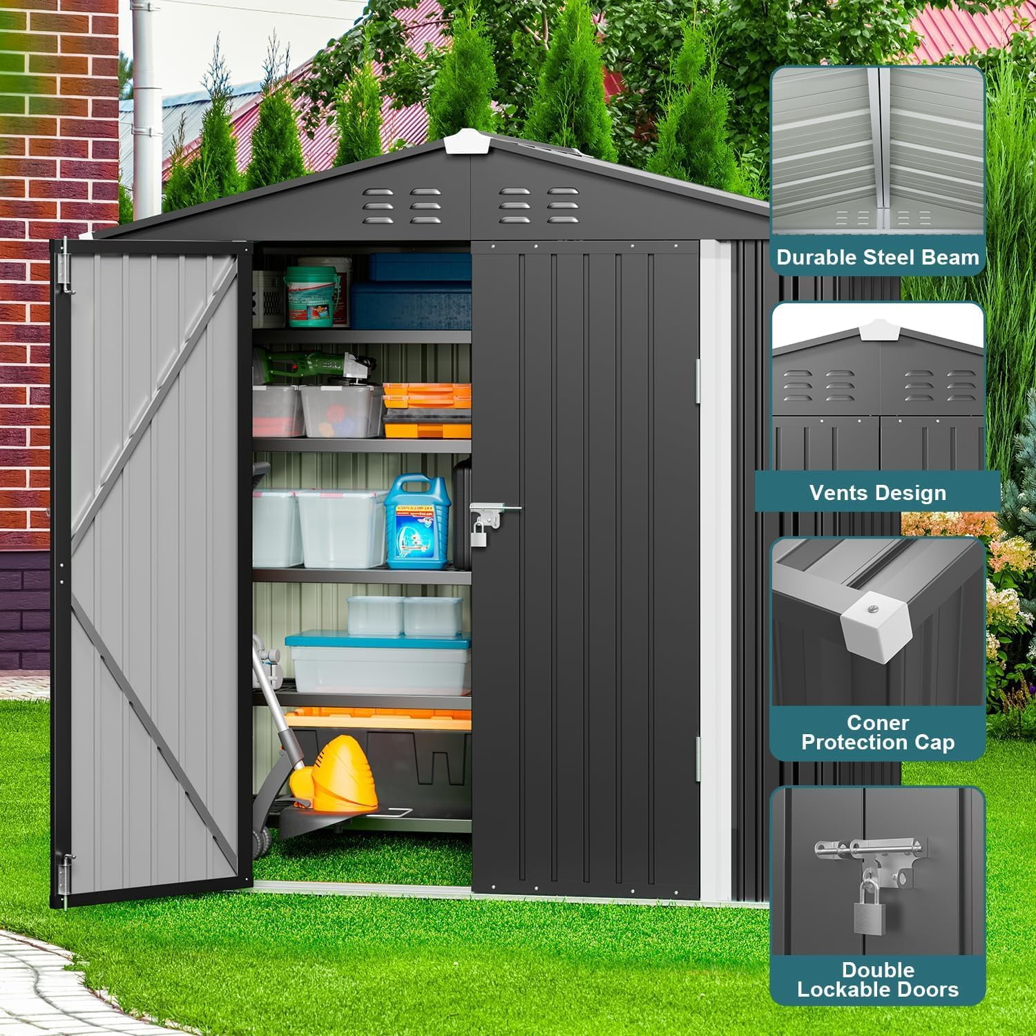 Lofka Galvanized Metal Outdoor Storage Shed with Double Lockable Doors and Air Vents (Dark Gray, 6 ft x 4 ft) v4zn6