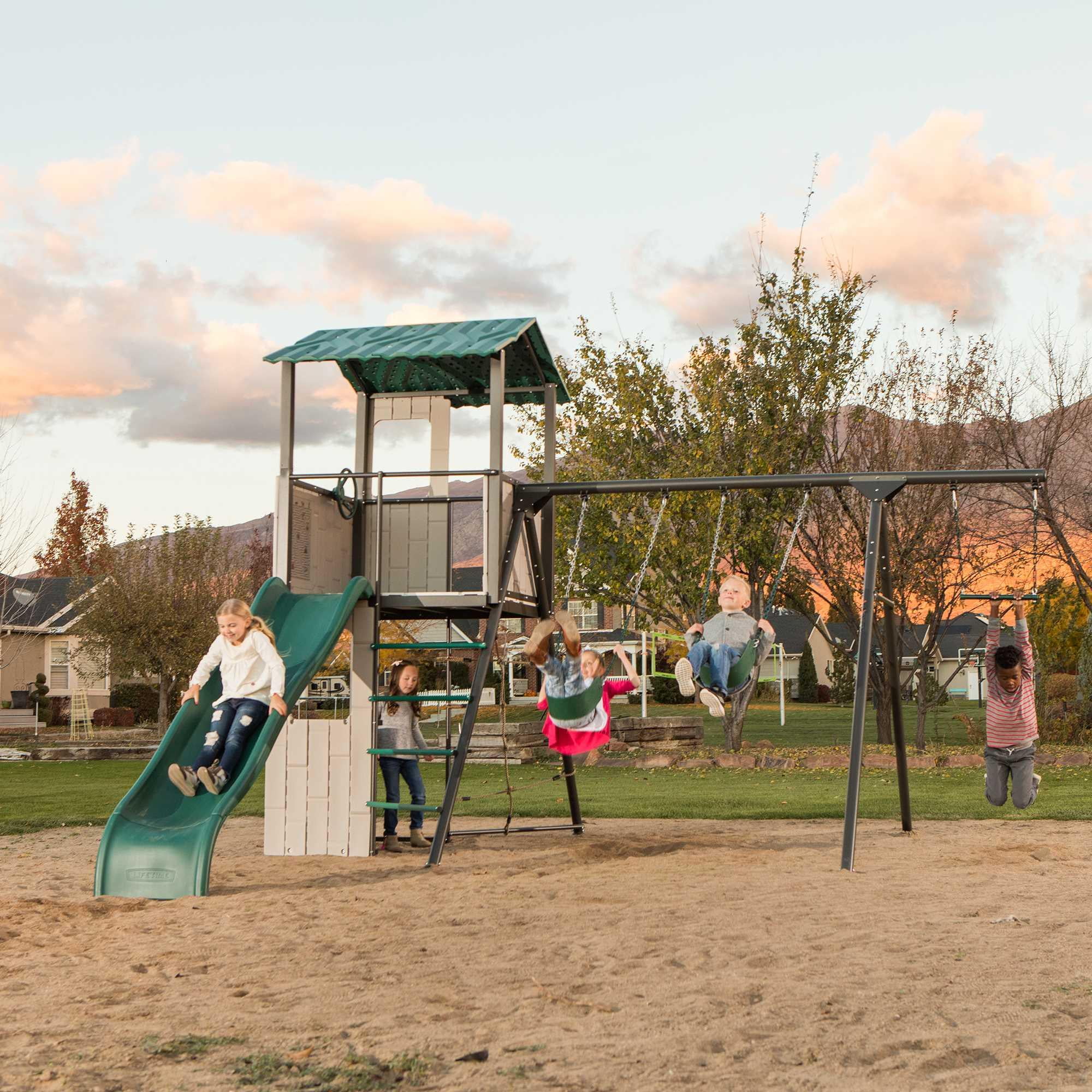 Lifetime Adventure Clubhouse Swing Set with Slide, Belt Swings, and Trapeze Bar (1 Unit) nj4r0