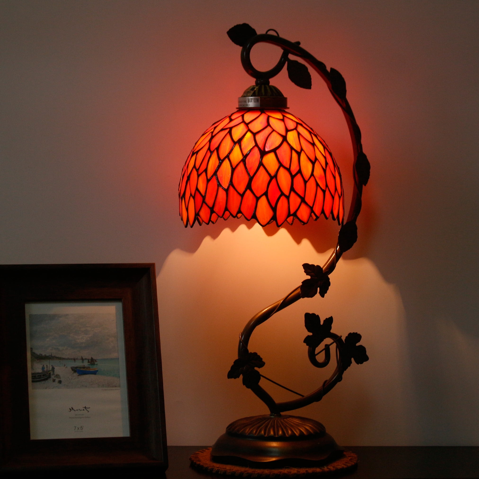 WERFACTORY Tiffany Table Lamp, Stained Glass Bedside Reading Light, Antique Wisteria Style with Metal Leaf Base (Red, 20 in) 6x2wm