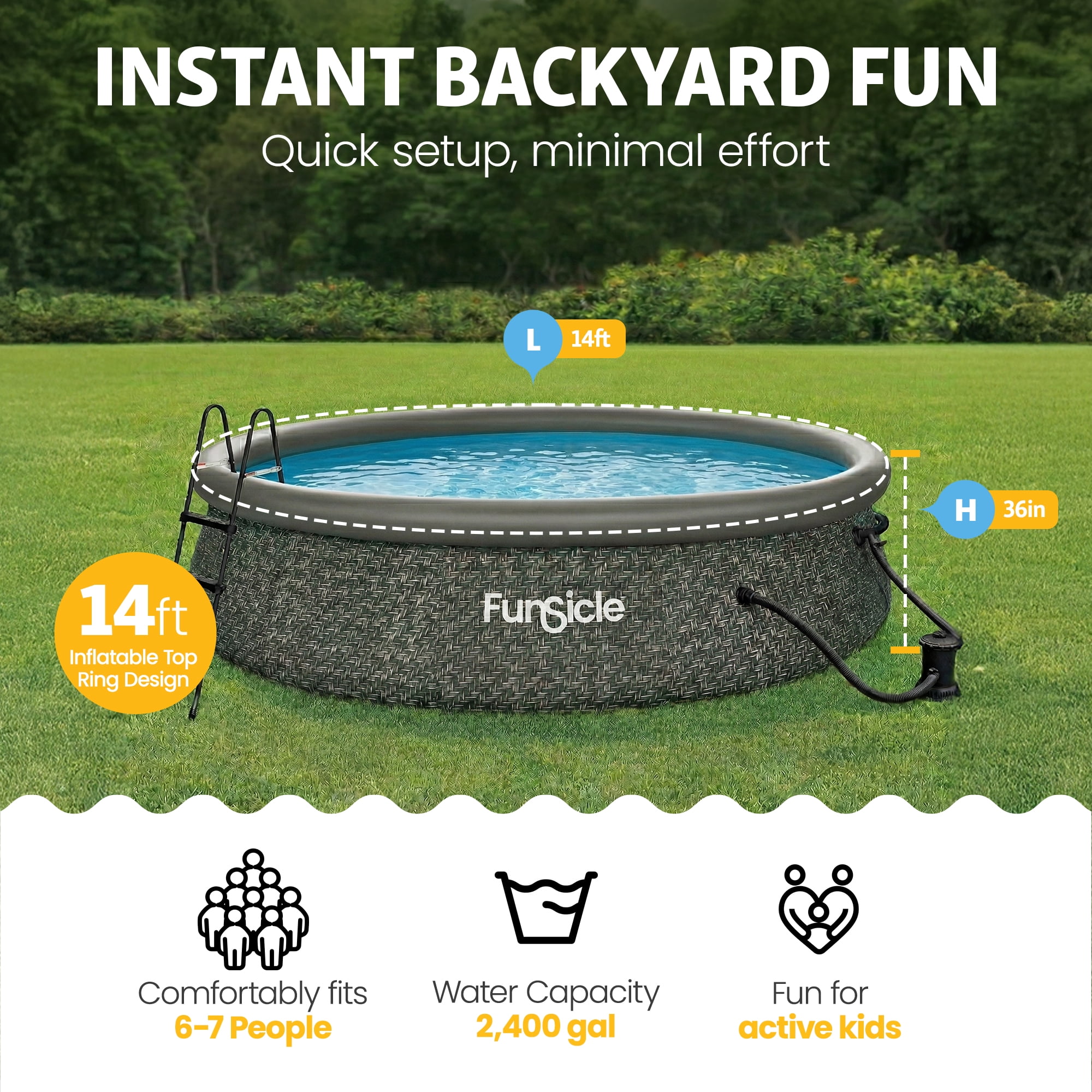 Funsicle Quickset Above Ground Swimming Pool Set with Filter Pump and Ladder (Dark Herringbone, 14 ft x 36 in) ytuw0