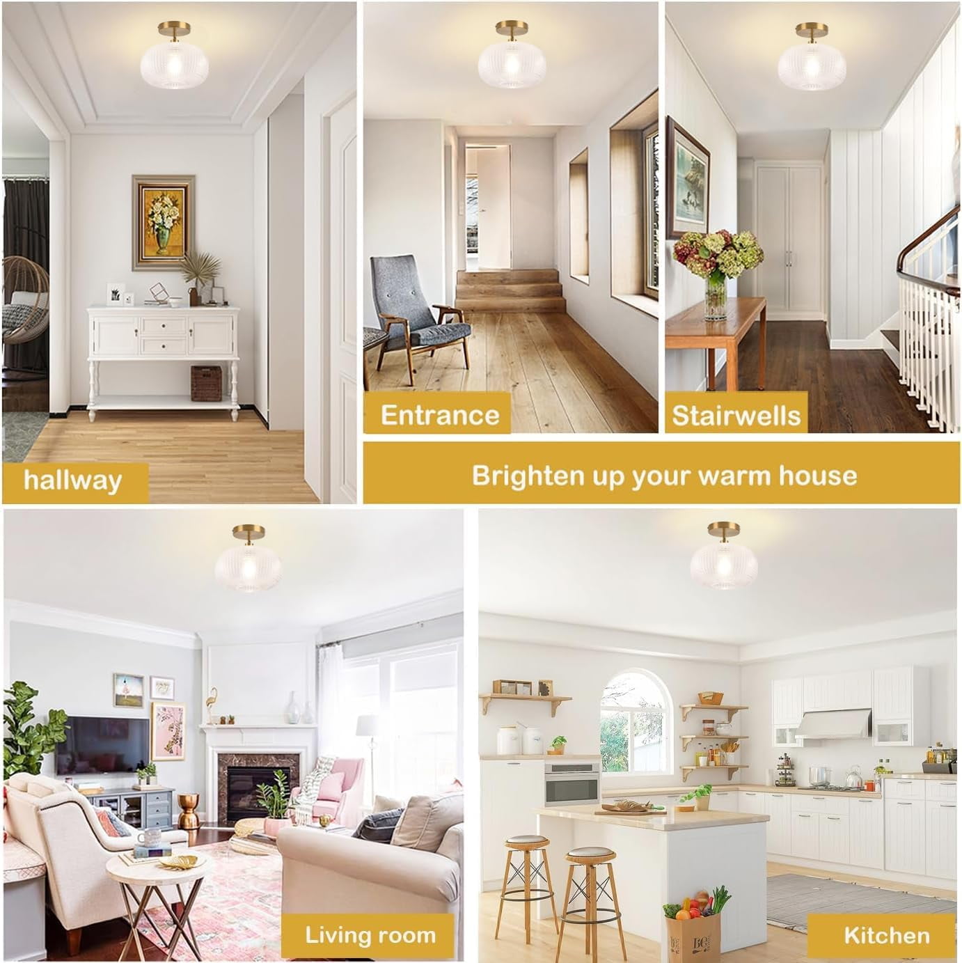 Jolydoly Semi Flush Mount Ceiling Light, Globe Glass Vintage Gold Fixture for Hallway Bedroom (9.84 in x 9.84 in x 7.49 in) rm65n