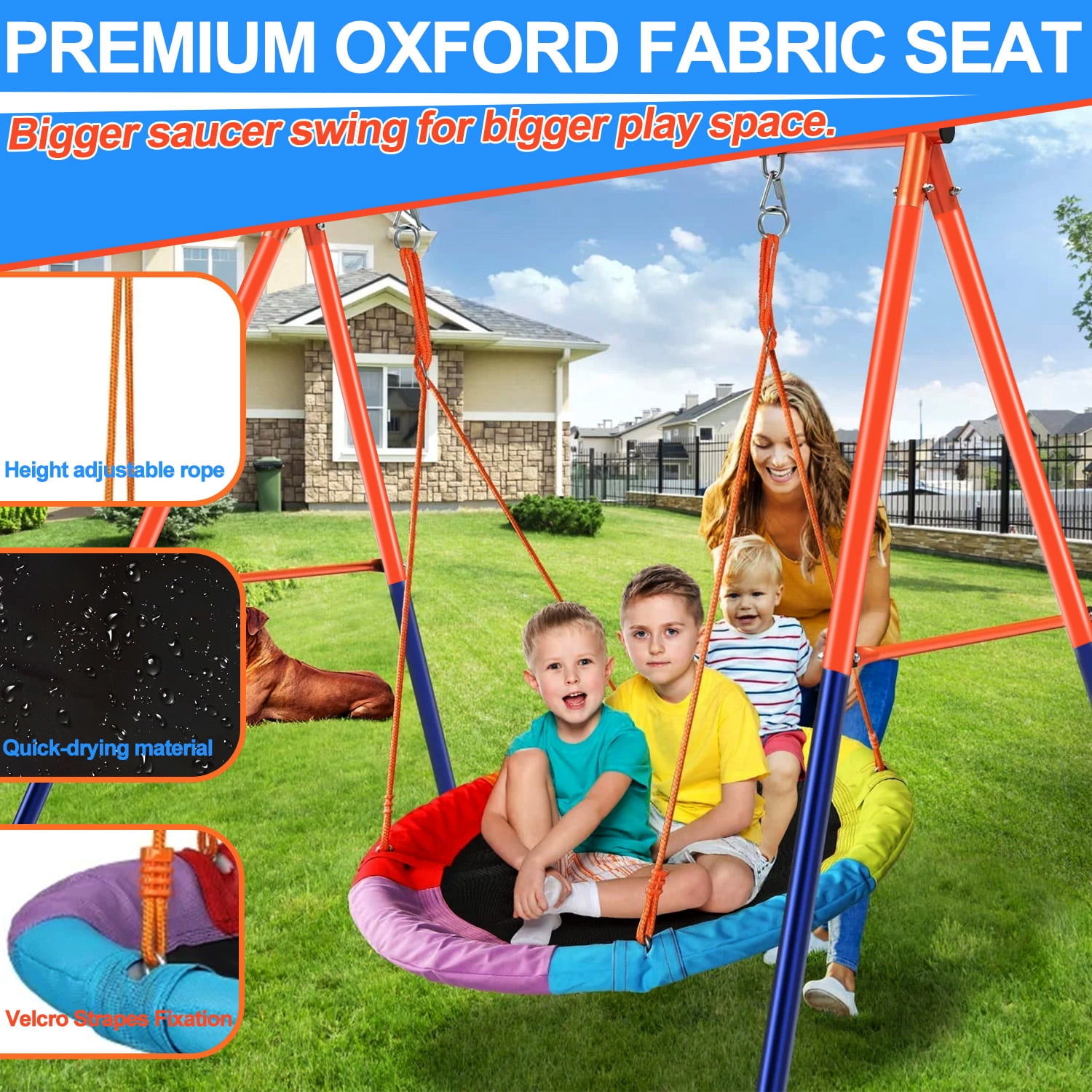 Camkey Heavy Duty Metal Swing Set for Kids with Saucer and Belt Seats (Blue, 440 lb Capacity) n77fa