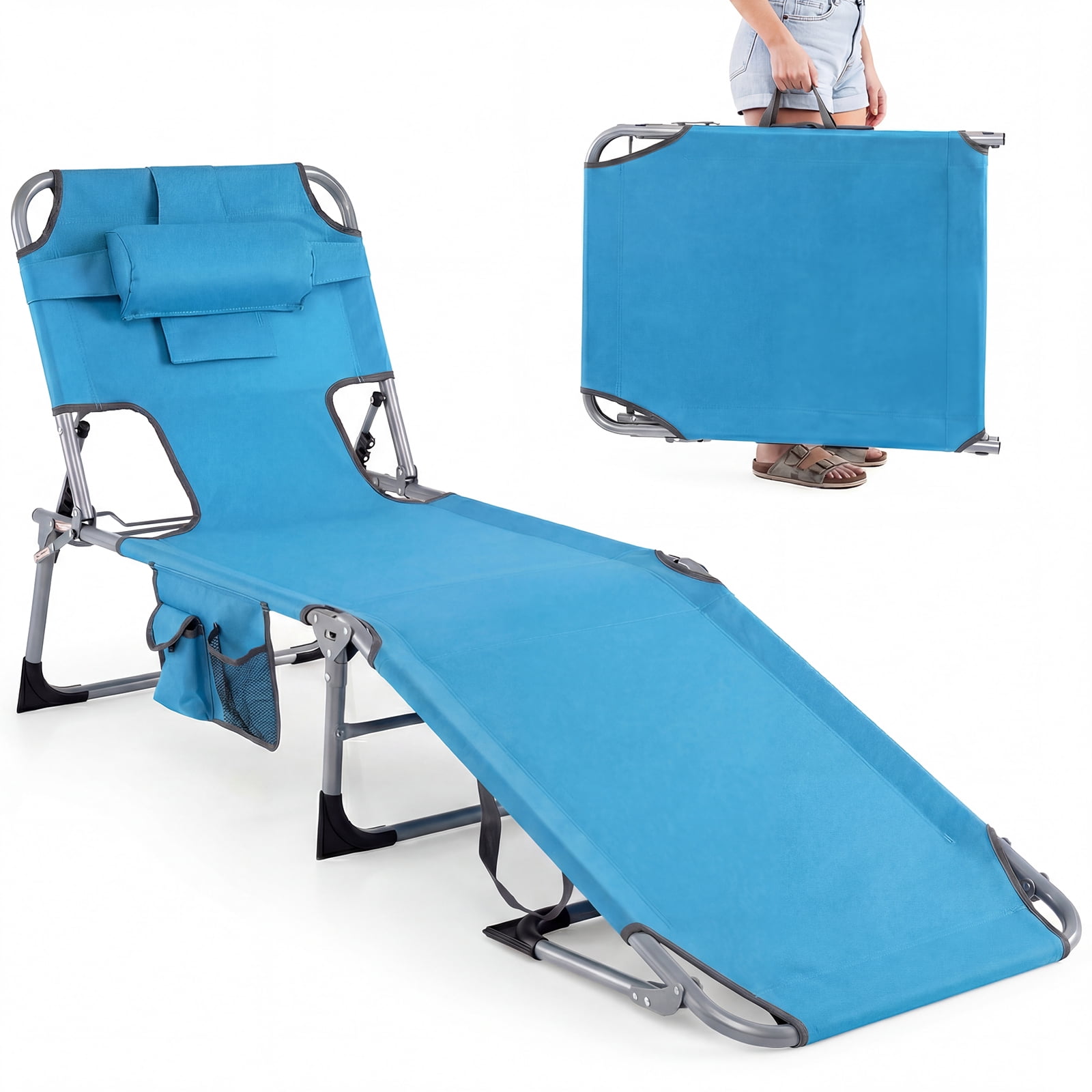 Gymax Folding Tanning Beach Chair with Face and Arm Holes, Adjustable Backrest (Blue) wdoa0
