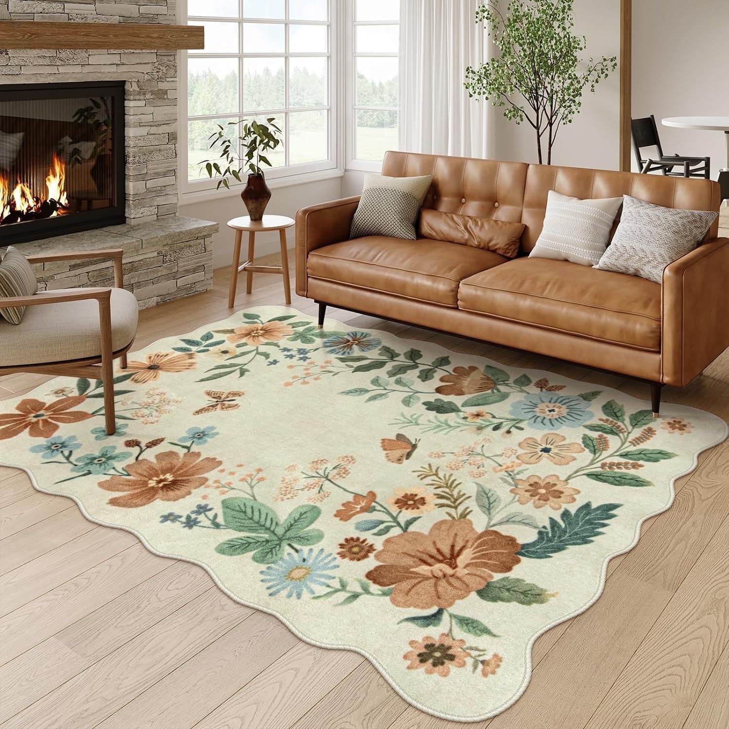 Moynesa Floral Area Rug, Non-Slip Washable Boho Rug for Living Room and Bedroom (Beige, 5 ft x 7 ft) ekrfw