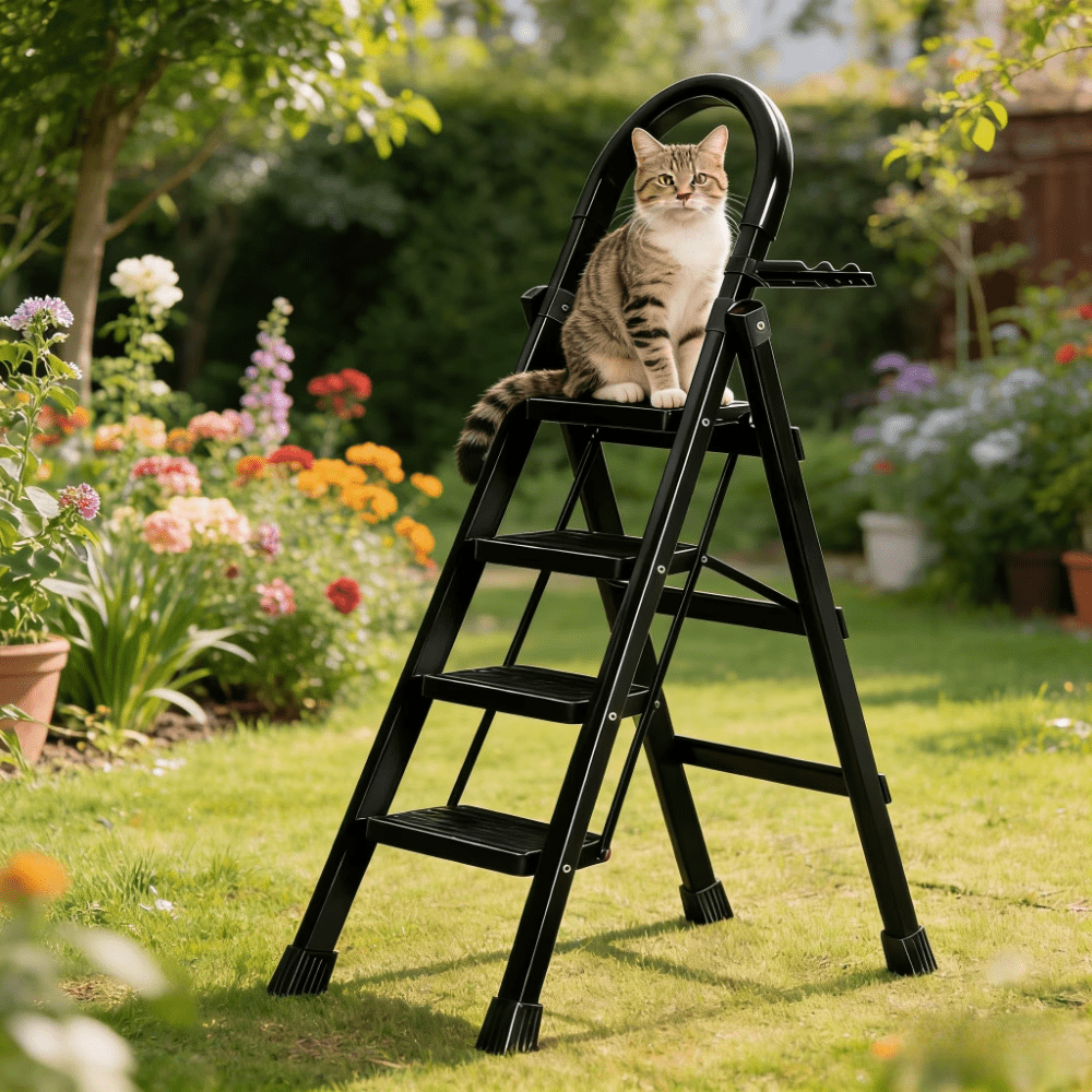 Generic 4-Step Folding Ladder, Heavy-Duty Steel Utility Step Stool with Non-Slip Wide Pedals (Black, 47.2 in) 4xblc