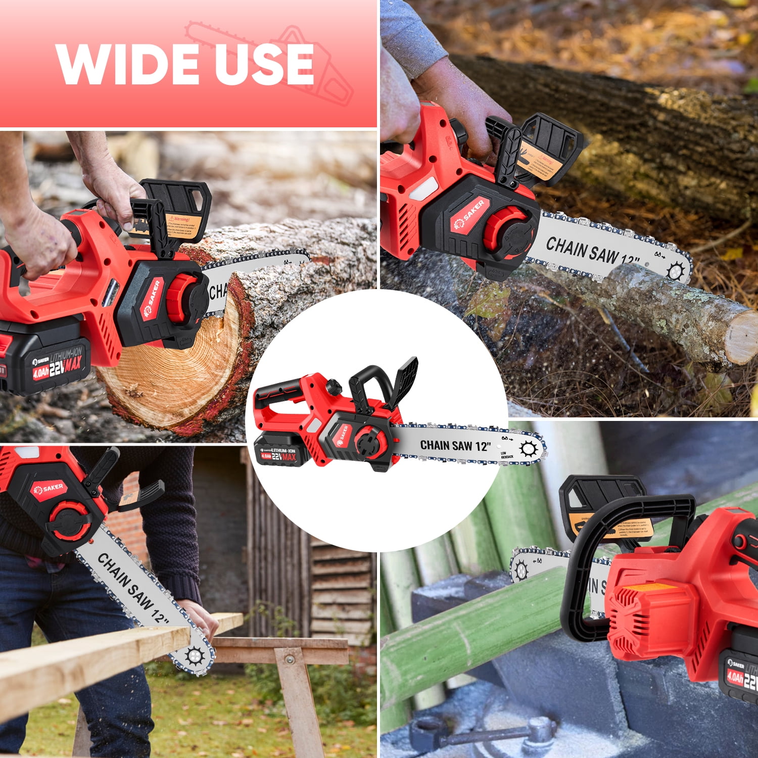 Saker 12 in 22V 4.0Ah Cordless Electric Chainsaw, Auto-Tension, LED Power Display (12 in) zxyz3