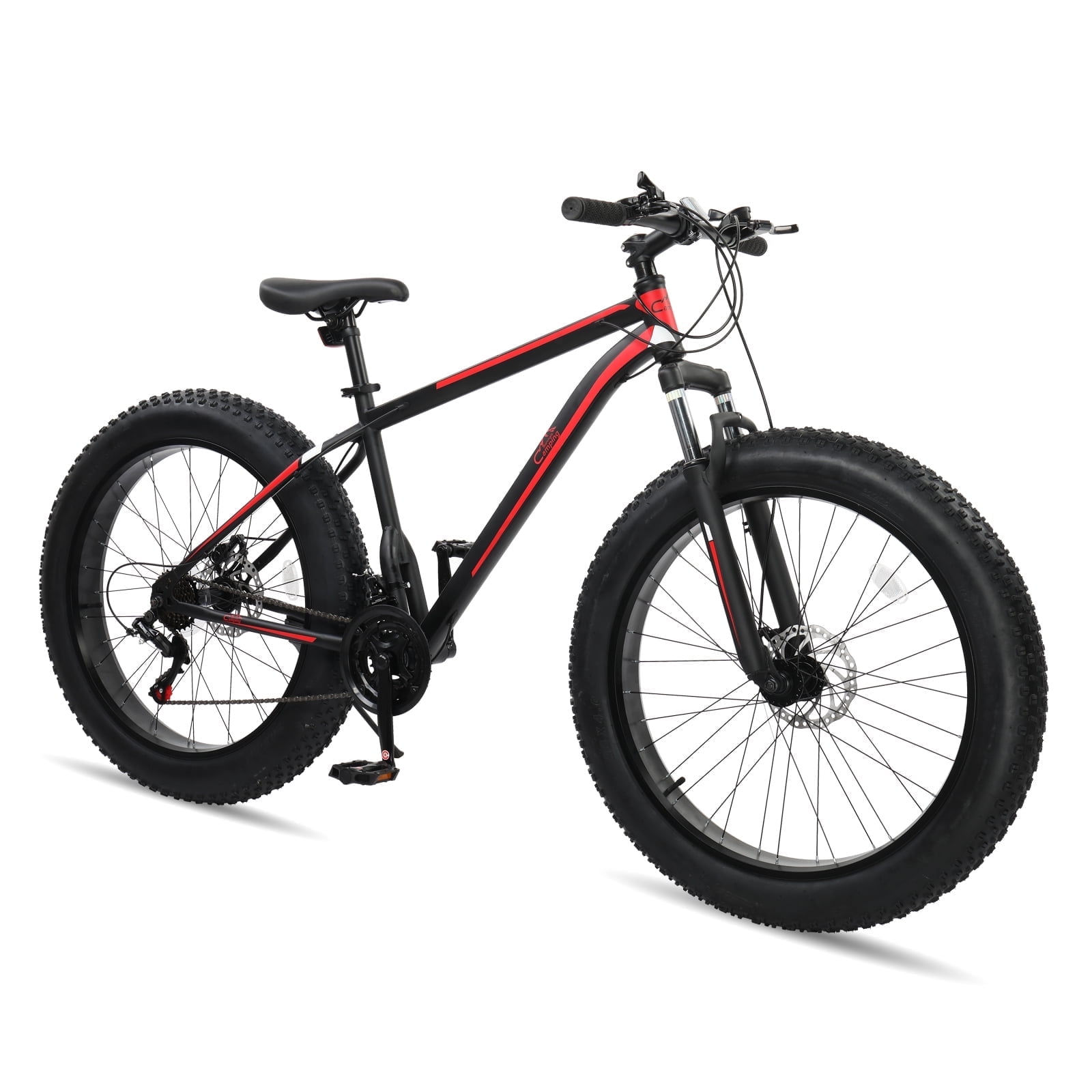 Camping Survival 26in Fat Tire Mountain Bike, 21-Speed Shimano Drivetrain, High Carbon Steel Frame (Red/Black, 26 in) o2xjj