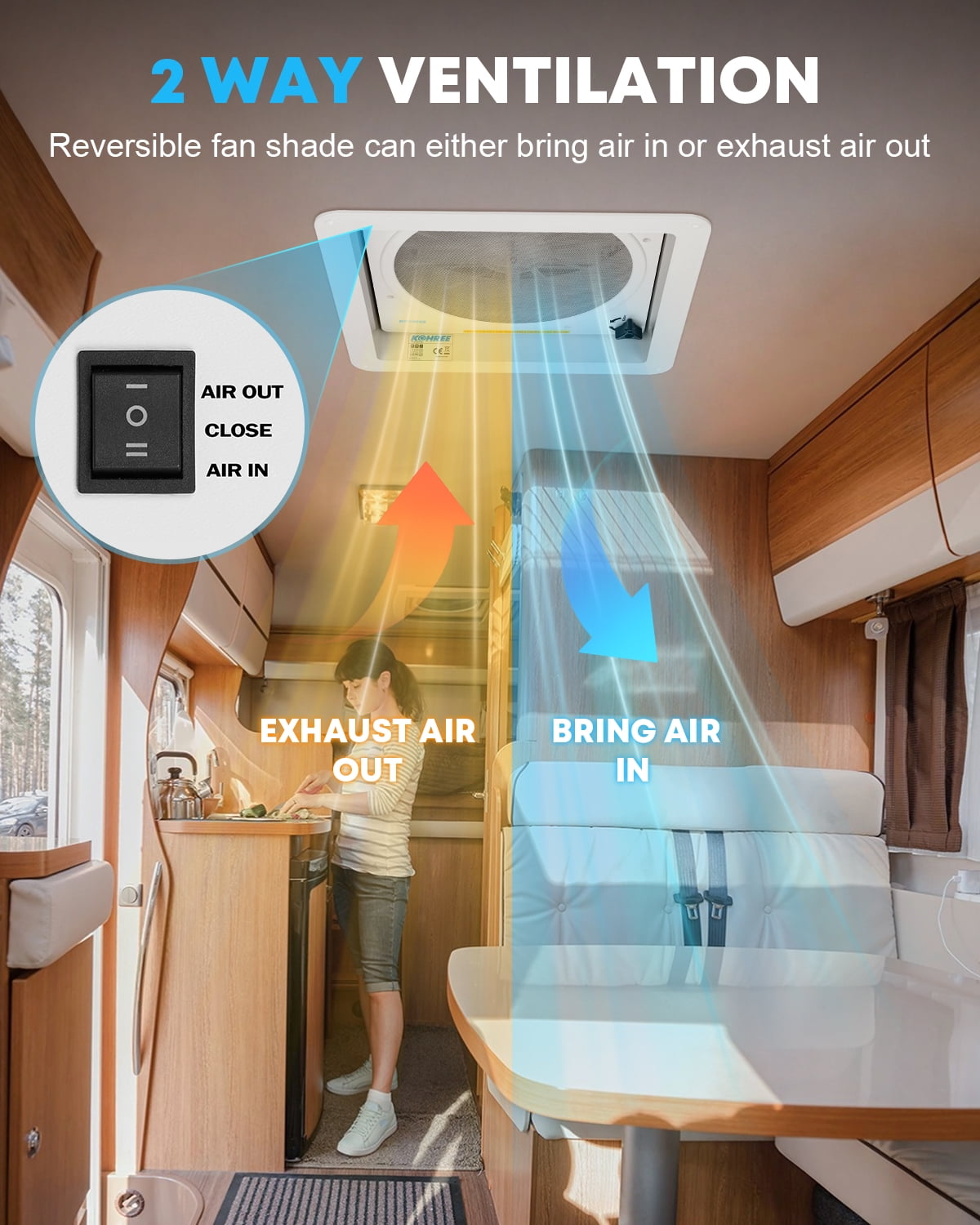 Kohree 12V RV Roof Vent Fan, 14 in x 14 in Manual Adjustable 10-Speed Reversible Air Ventilation Exhaust Fan for Camper Trailer (Blue, 14 in) b2u97