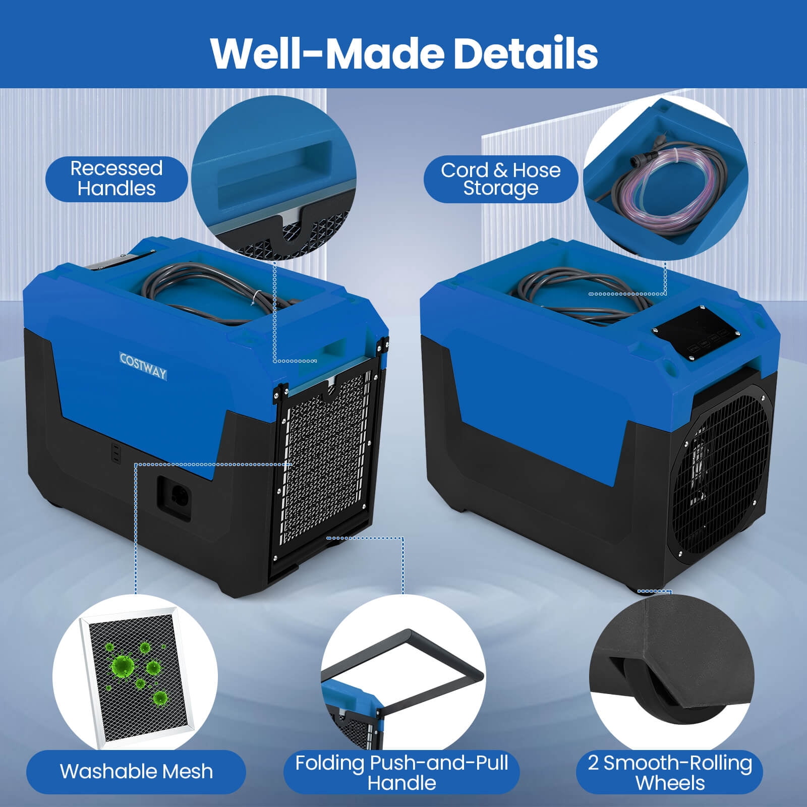 Costway Commercial Dehumidifier with Built-in Pump and Drain Hose for Basements and Job Sites (Blue, 50-Pint) 2k0bp