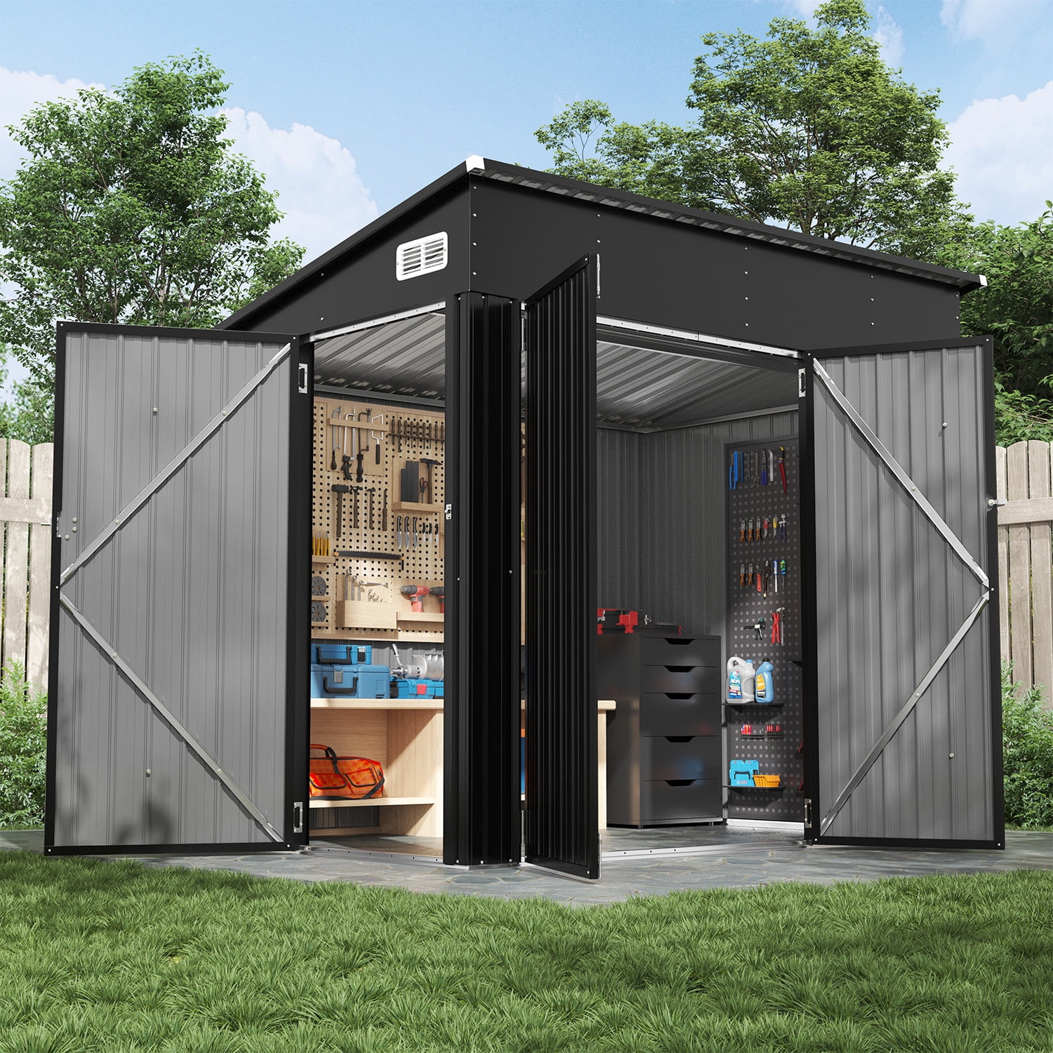 BaPiPro Metal Storage Shed, Outdoor Garden Tool Organizer with Triple Lockable Doors and Vents (Black, 8 ft x 4 ft) 89c66