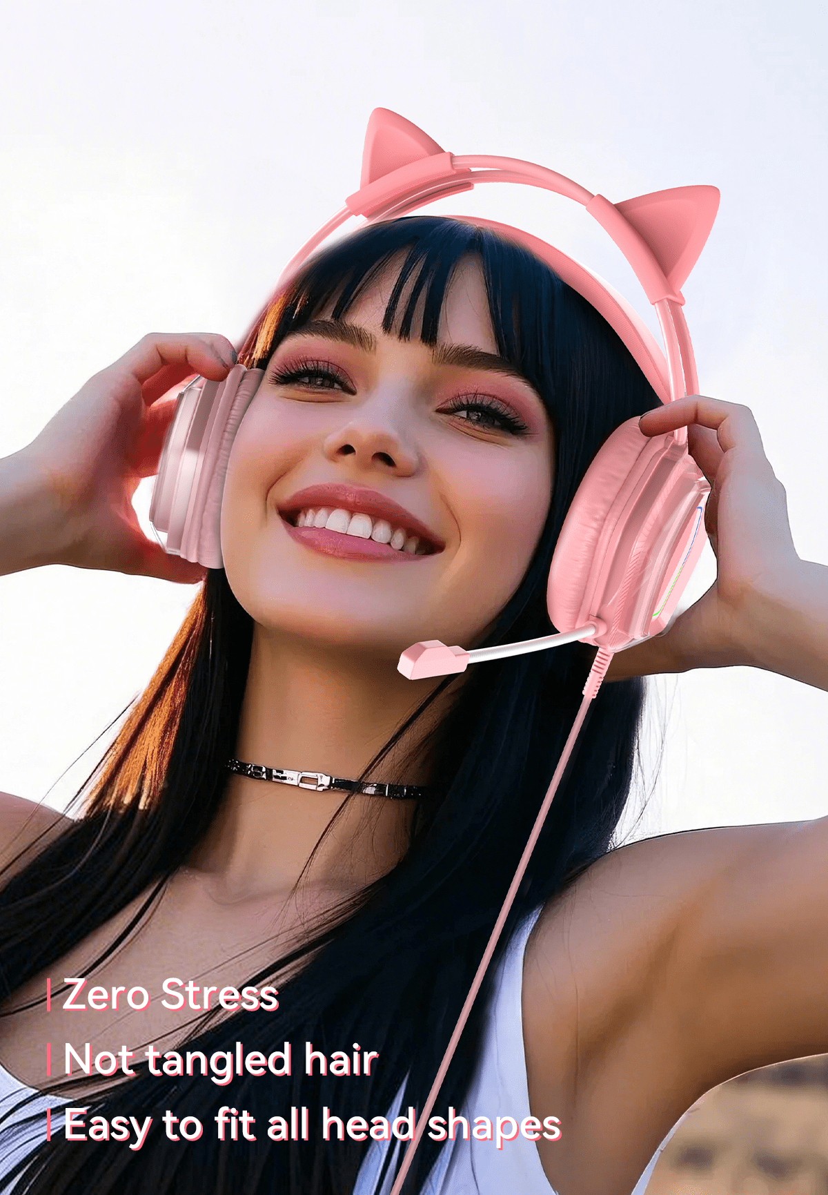 Wantek V10 Cat Ear Gaming Headset with RGB Lighting and Noise-Canceling Microphone (Pink, 7.17 ft) bt2cw