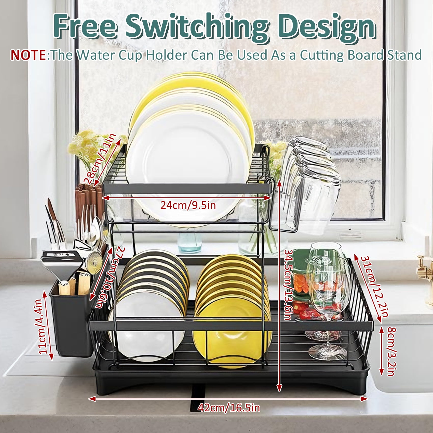 Glovv 2-Tier Dish Drying Rack, Heavy-Duty Kitchen Counter Organizer with Auto Drainage System (Black, 15.75 in x 11 in x 12.4 in) 7vwg1