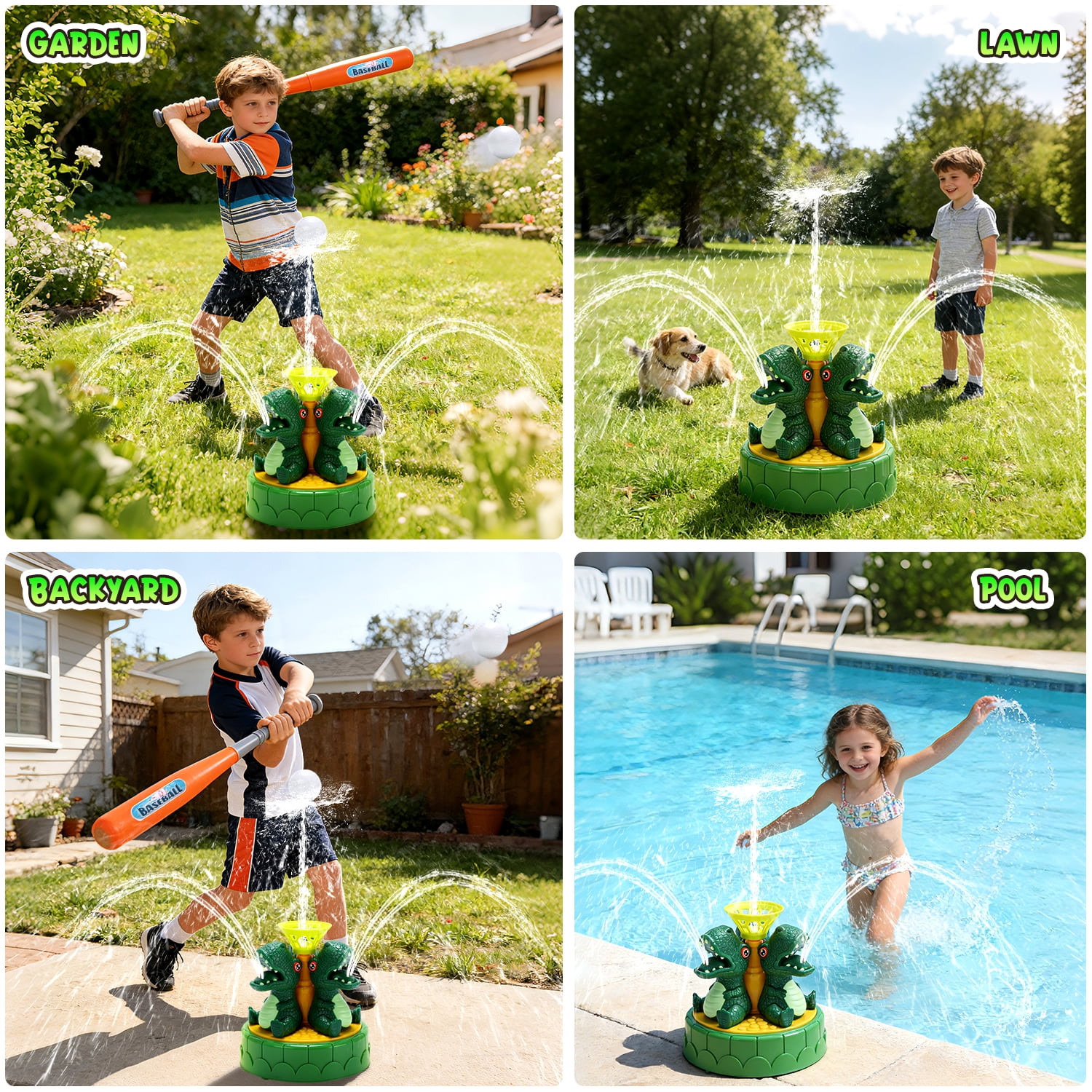 JoyStone 2-in-1 Dinosaur Water Sprinkler and Baseball Batting Game (Green, 1 Set) xrayq