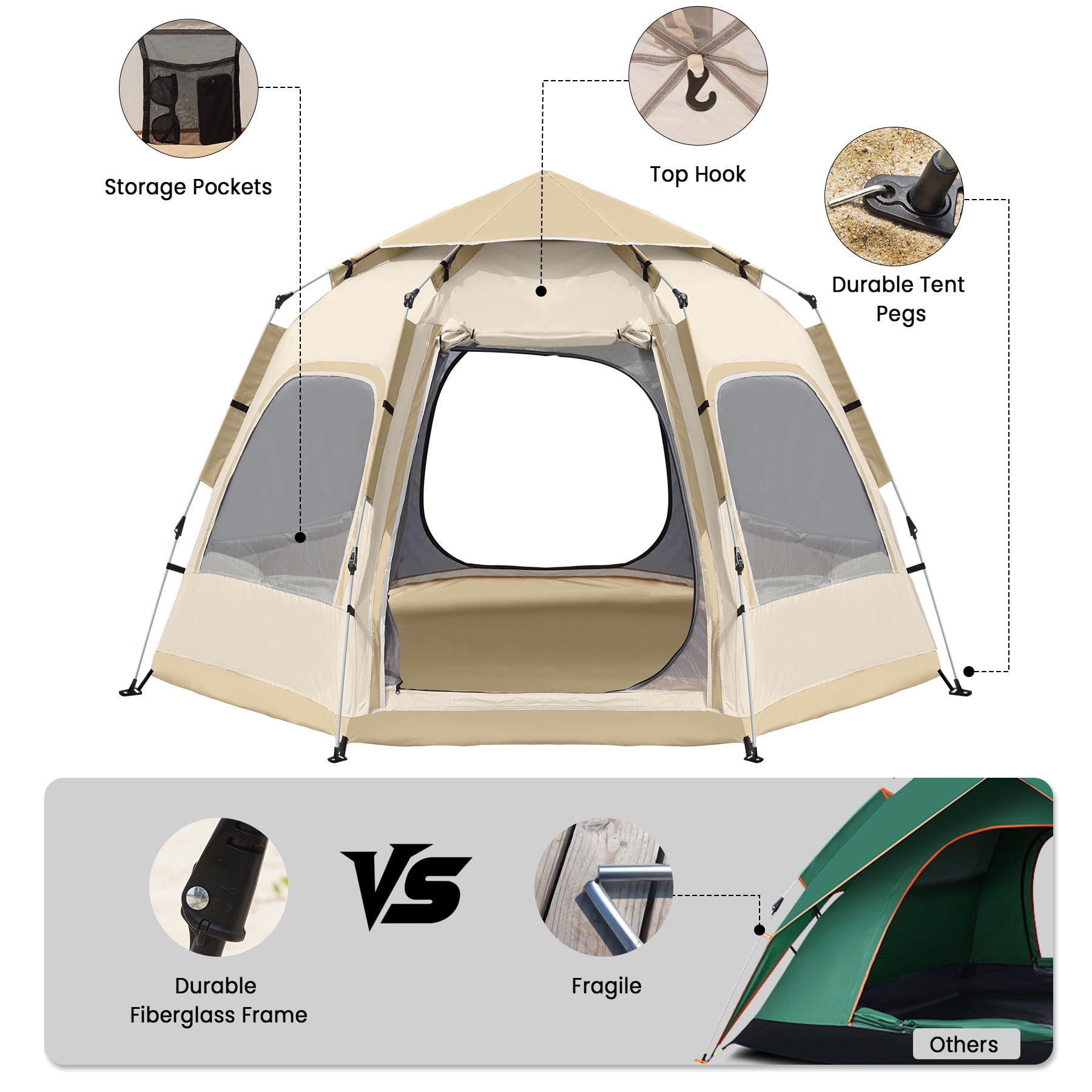 Sunoyar 4-6 Person Camping Tent, Waterproof Instant Outdoor Shelter with Carry Bag (Beige, 110 in x 94 in) vhm4f