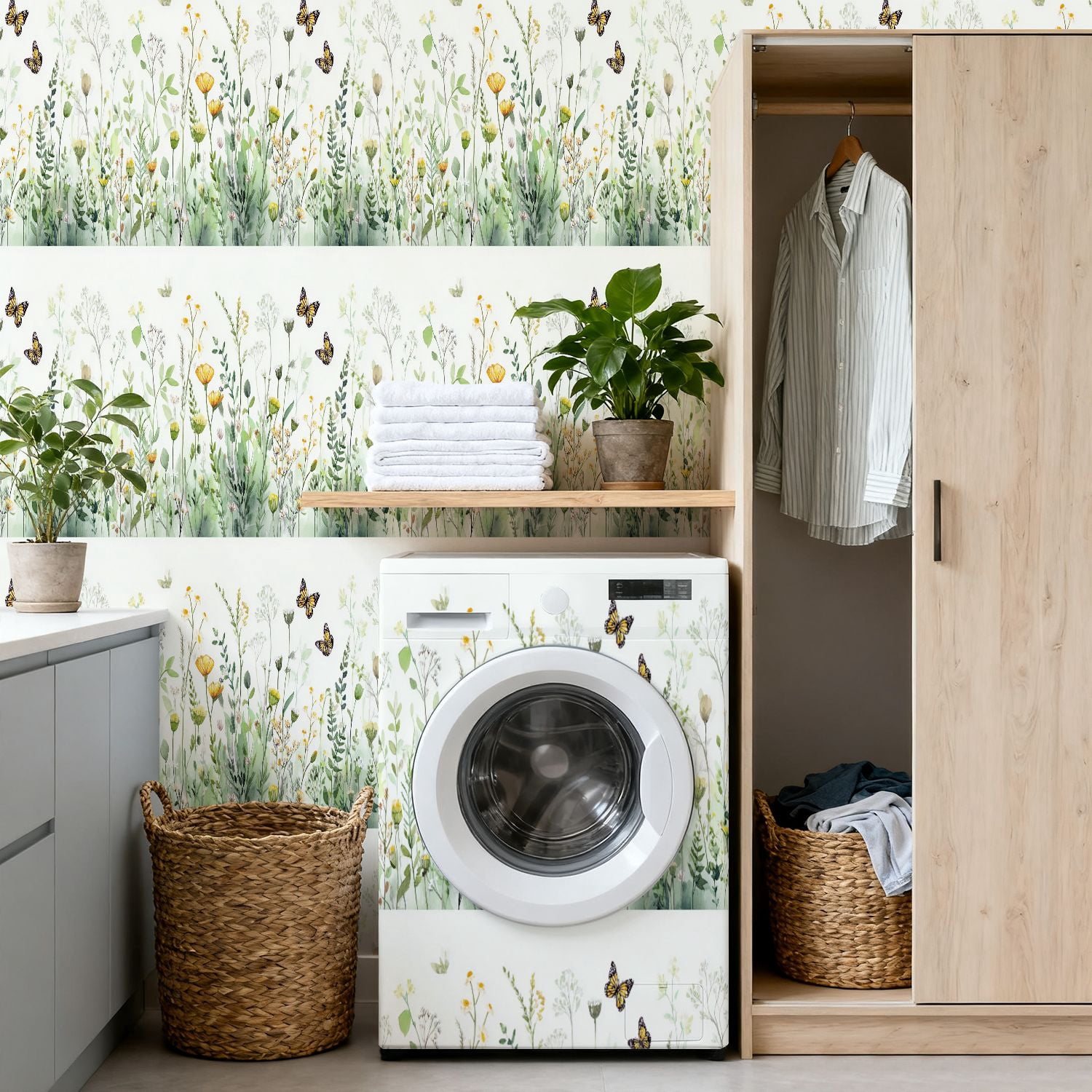 VETEB Peel and Stick Wallpaper Floral Abstract Yellow Flowers and Green Leaves (Yellow, 24 in x 118 in) kqroo