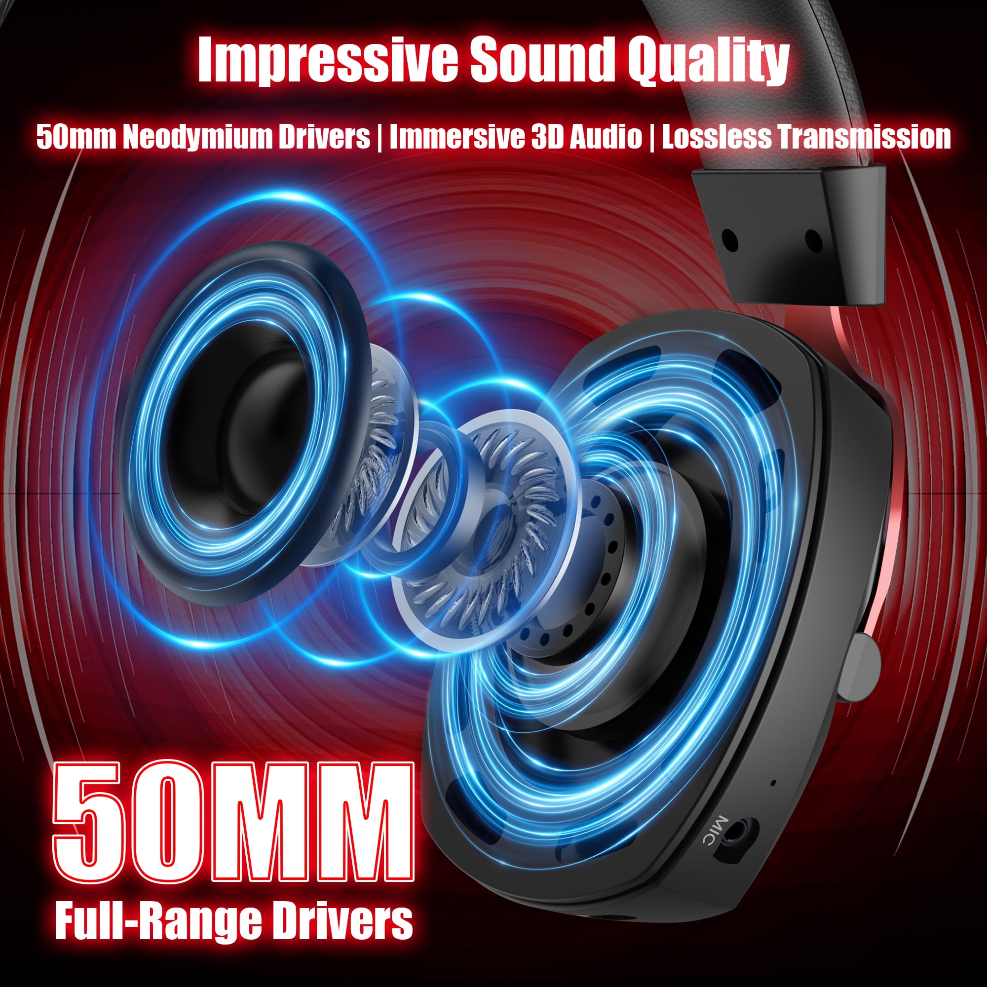 Mollan Wireless Gaming Headphones, Over-Ear Noise-Canceling Headset with RGB Lighting (Red, 1 Pack) bmij5