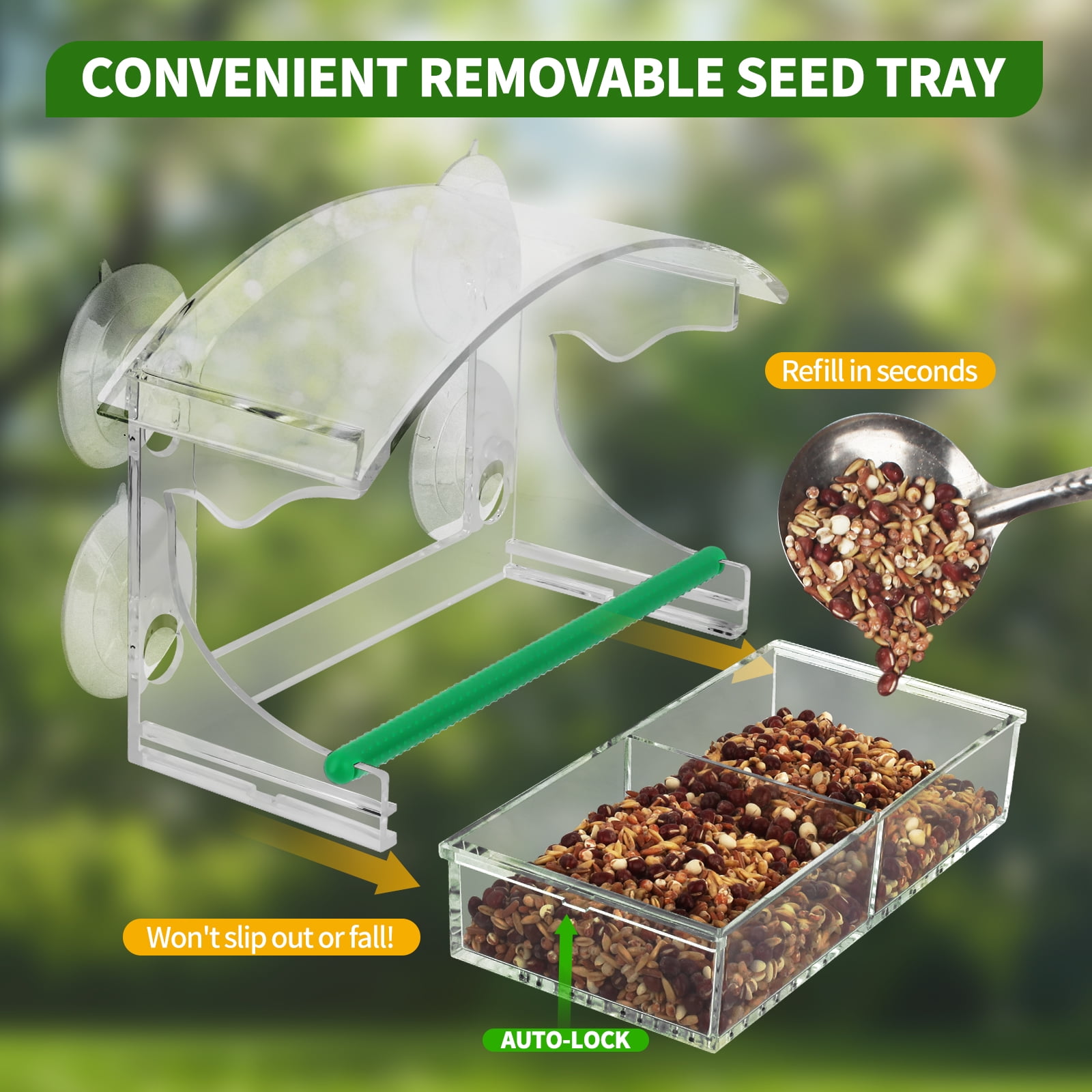 PHANCIR Window Bird Feeder for Outdoors, Clear Acrylic Bird House with Strong Suction Cups and Removable Seed Tray (10.5 in x 3.93 in x 7 in) 8w4ps