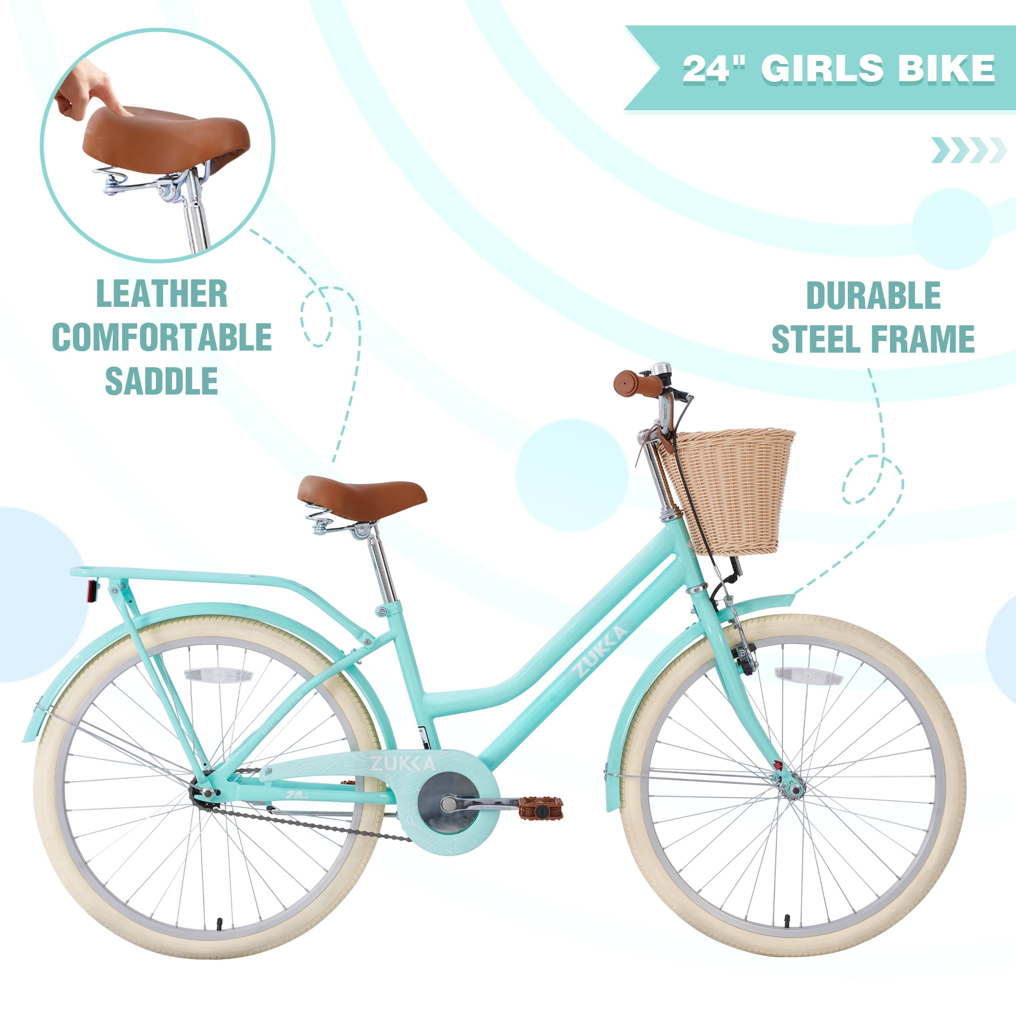 imerelez 24 in Cruiser Bike for Women, Single Speed Adult Bicycle with Large Basket (Green, 24 in) s8kqi