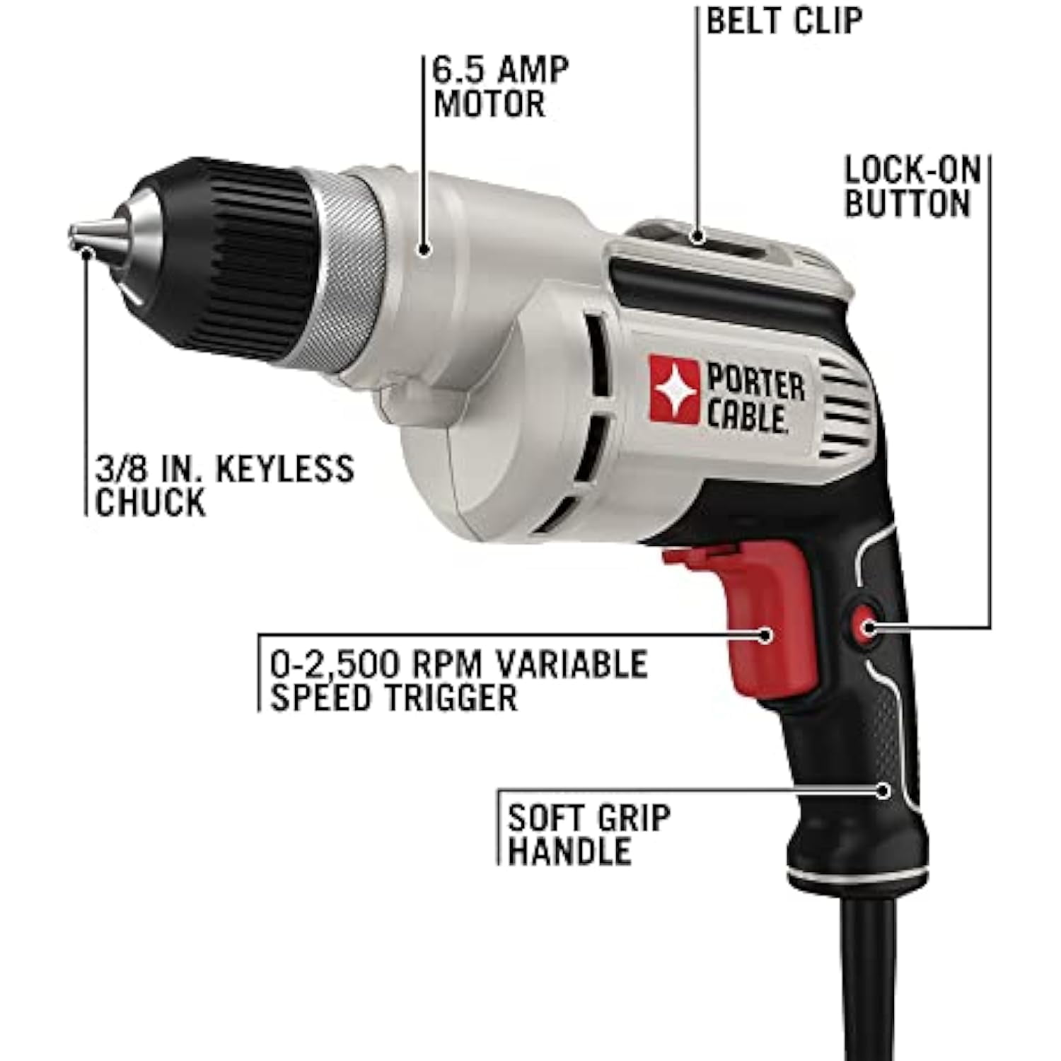 PORTER-CABLE Corded Drill, Variable Speed, 6.5-Amp, 3/8-in Chuck (White, 1 Pack) f7vnb