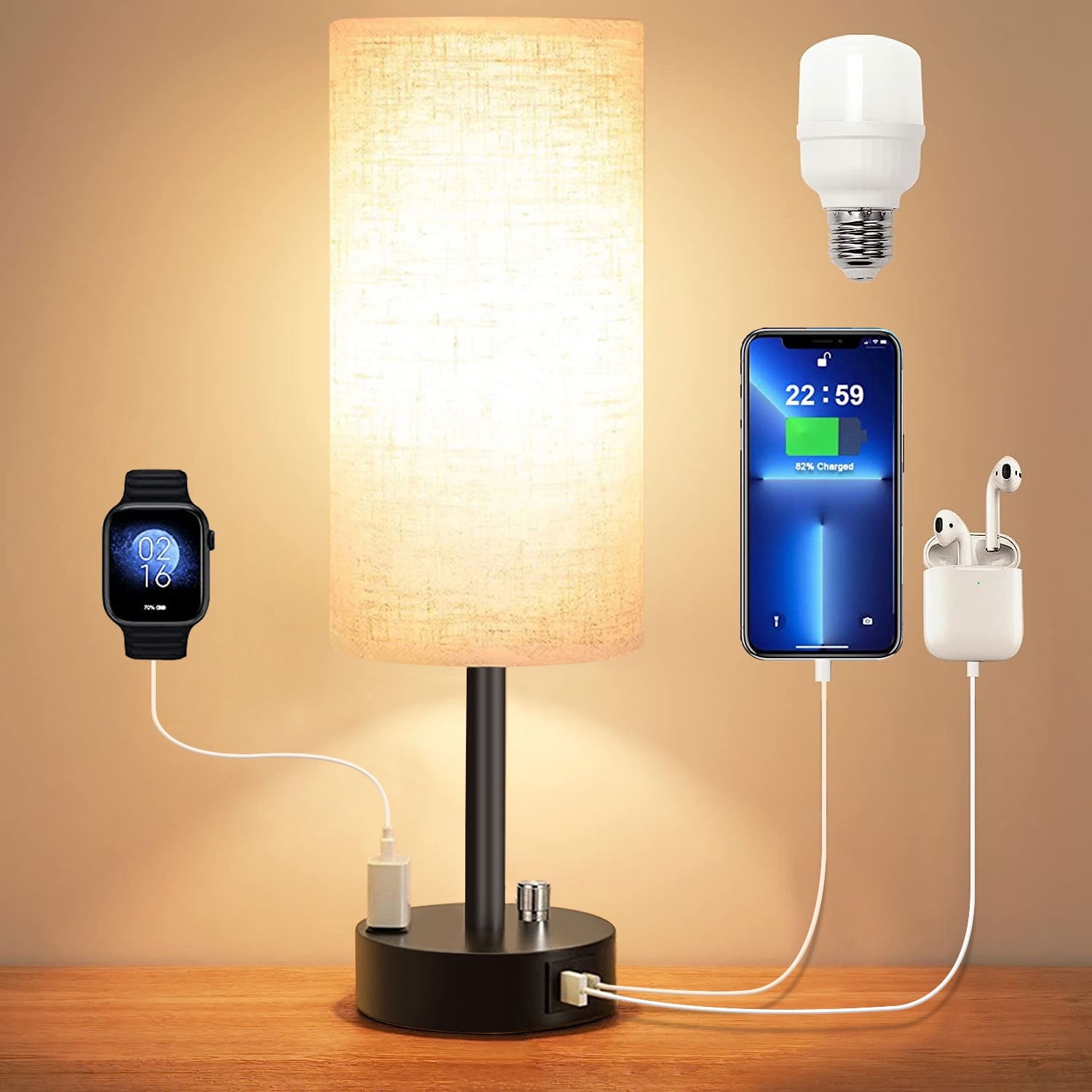 HadinEEon Bedside Table Lamp, Dimmable Industrial Desk Light with USB C&A Charging Ports and AC Outlet (Black, 15 in) wnrvo