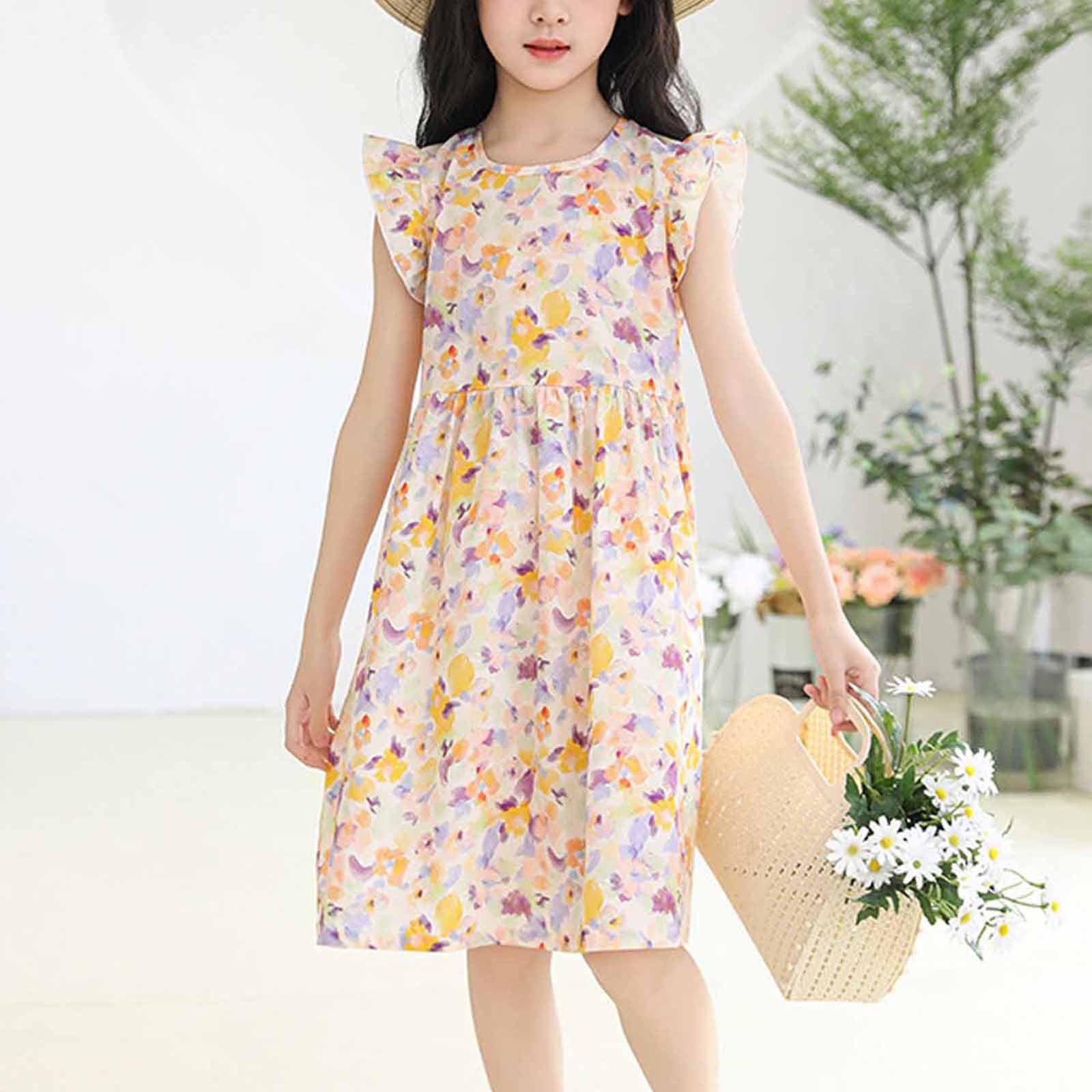 HAOTAGS Girls Summer Dress Flutter Sleeve Graphic Print Casual Playwear (Yellow, 4-5 Years) hz4vf