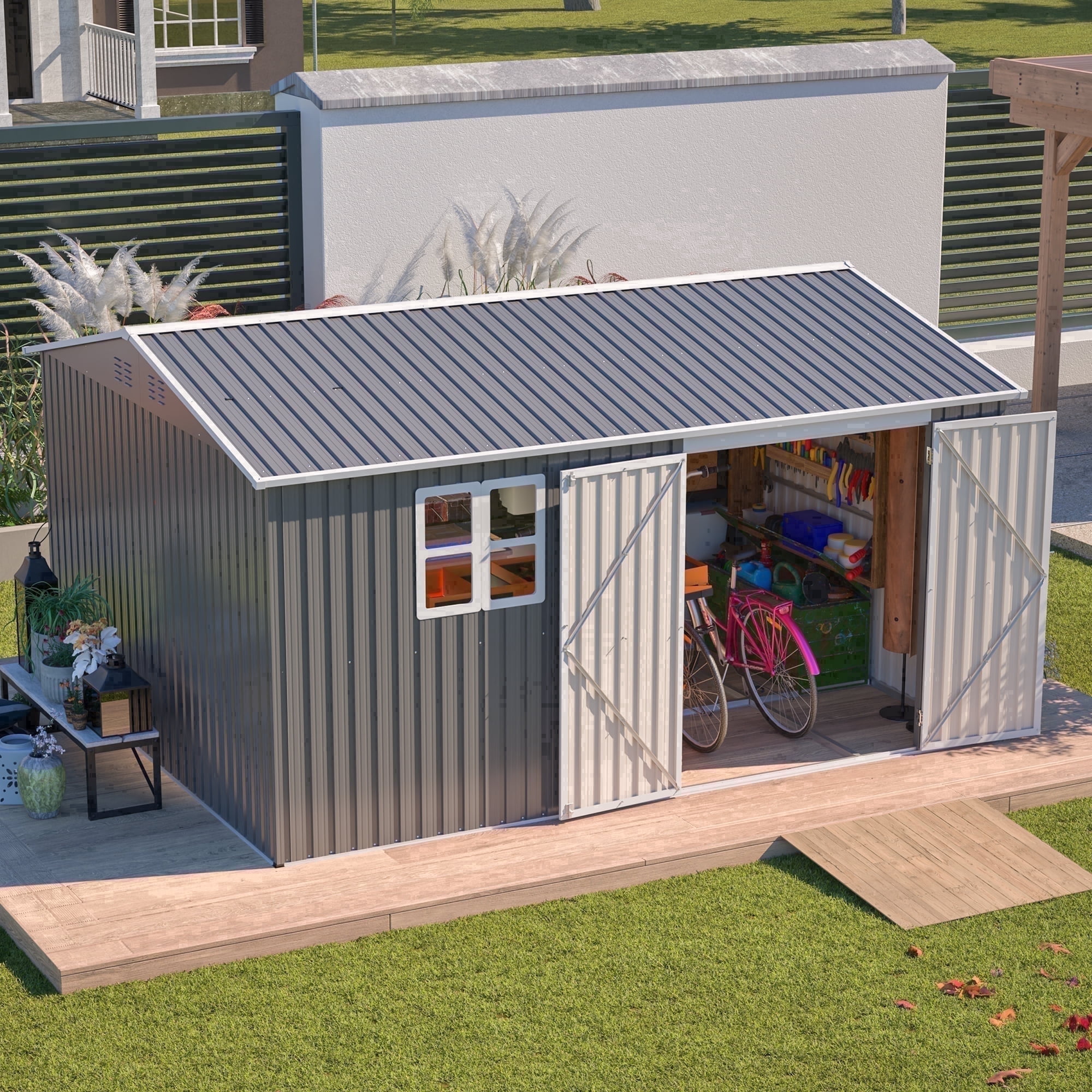 LZBEITEM 12 ft x 10 ft Outdoor Storage Shed with Floor Frame and Window (Gray) 137l9