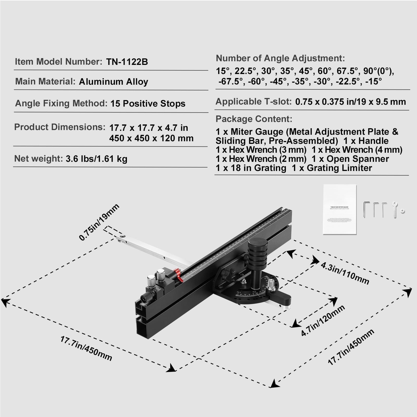 KFFKFF Table Saw Miter Gauge, Precision Woodworking Tool with 15 Angle Stops and Adjustable Plunger (3/4 in x 3/8 in Slot, 18 in) tfd0r