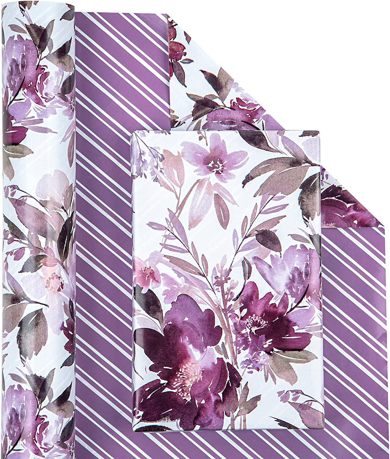 WRAPAHOLIC Reversible Wrapping Paper, Premium Floral Gift Wrap for Weddings and Holidays (Purple, 17 in x 33 ft) vs44s