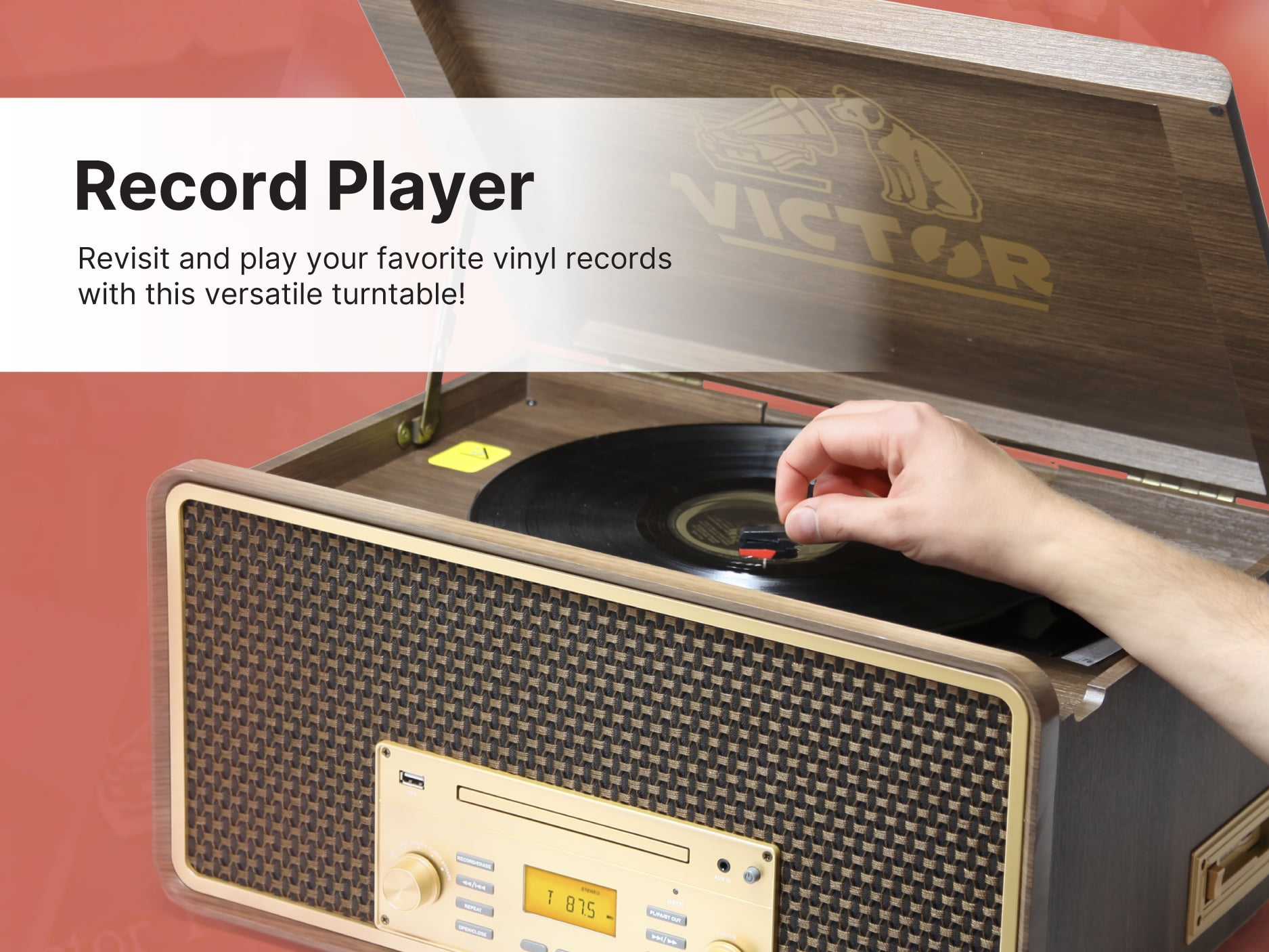 Victor 8-in-1 Music Center Record Player with Bluetooth, CD, Cassette, and AM/FM Radio (Graphite) uis0s