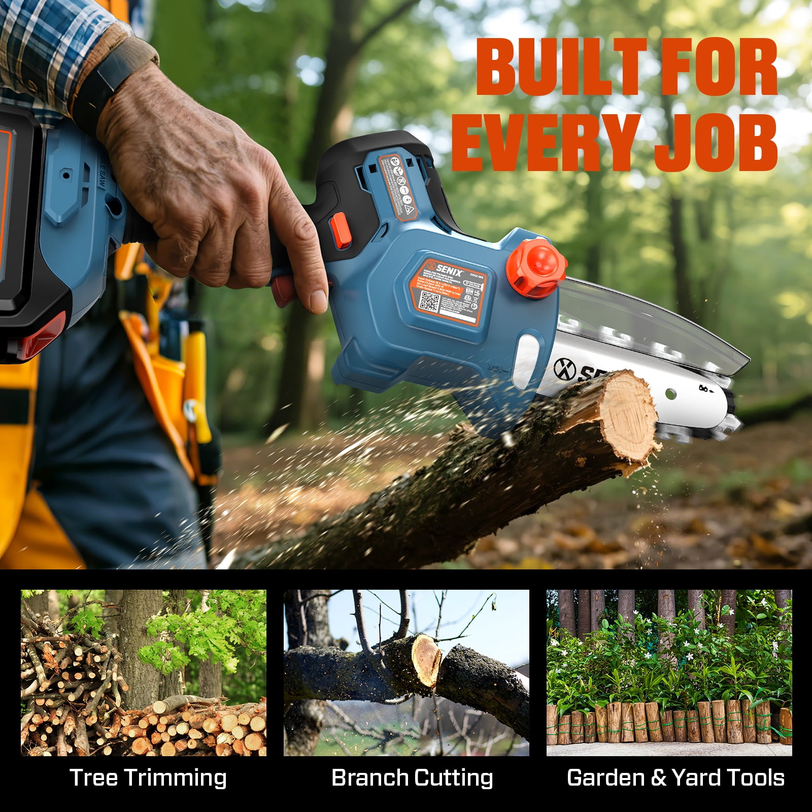 Senix 20V Cordless Mini Chainsaw, High-Efficiency Brushless Motor with 5Ah Battery and Charger (Blue, 5 in) qo9ur