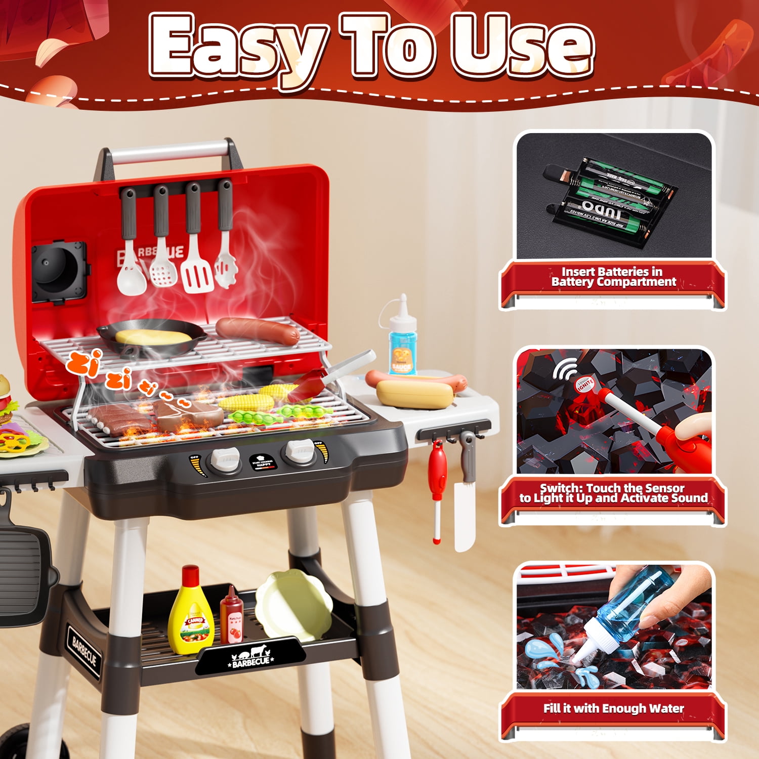 WonderStone BBQ Grill Playset for Kids, Interactive Kitchen Cooking Toy with Realistic Smoke and Sound Effects (Black, 36 Pieces) uwfqu