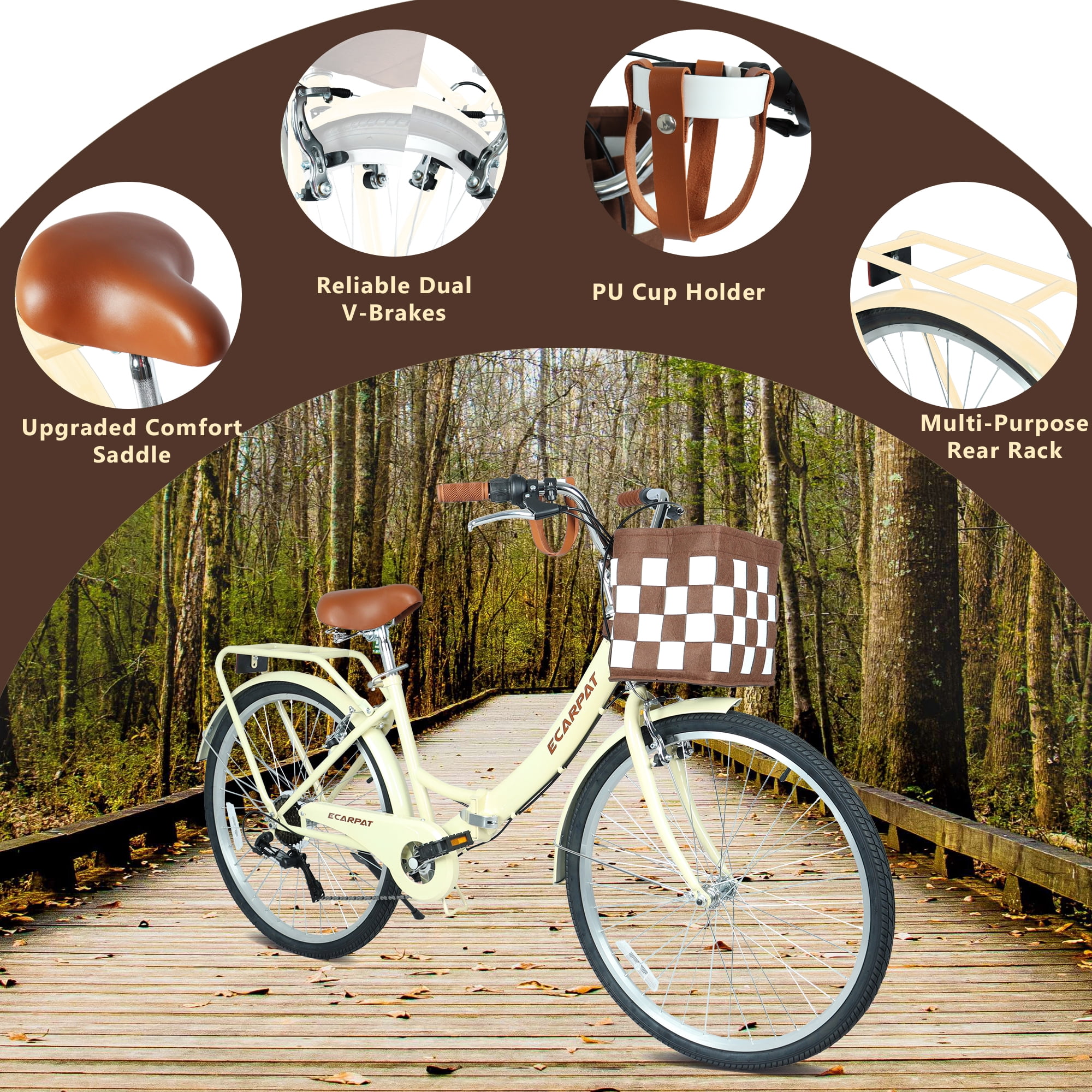 Tyethy 26-inch Womens Beach Cruiser Bike, 7-Speed Steel Frame City Bicycle (Beige, 26 in) 14zmv