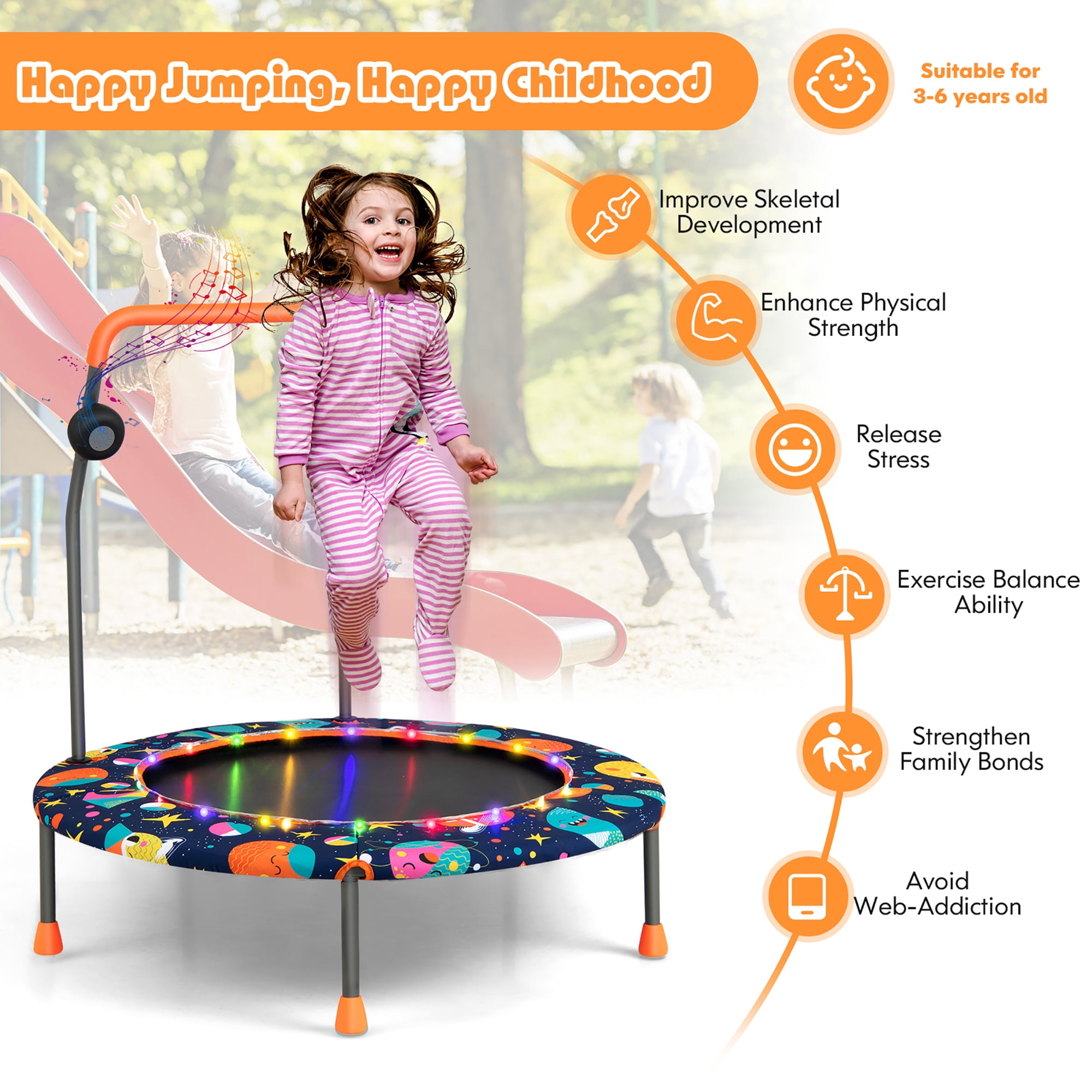 Costway 36 in Mini Toddler Trampoline with LED Lights and Bluetooth Speaker (Blue, 36 in) 8p6xt