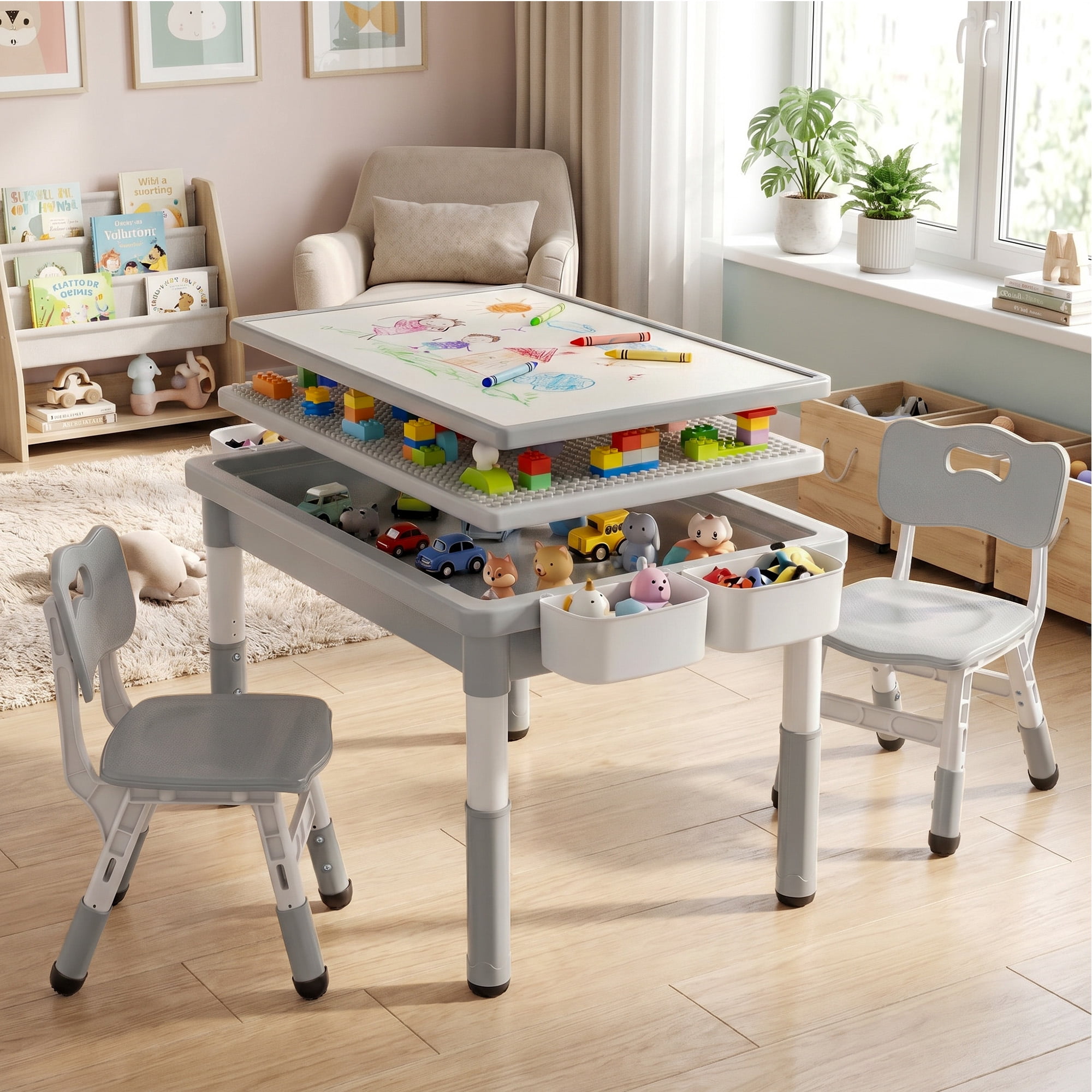 AILEEKISS Kids Activity Table and Chair Set, Building Block Play Desk with Storage (Grey) olmnm