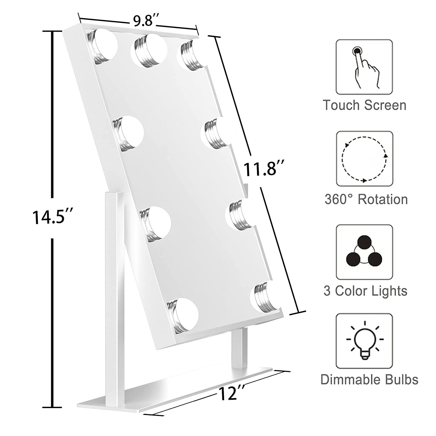 Fenchilin Vanity Makeup Mirror with Lights, 360 Degree Swivel Tabletop Mirror, Adjustable Brightness & 3 Color Modes (White, 12 in x 14 in) 0yz6e
