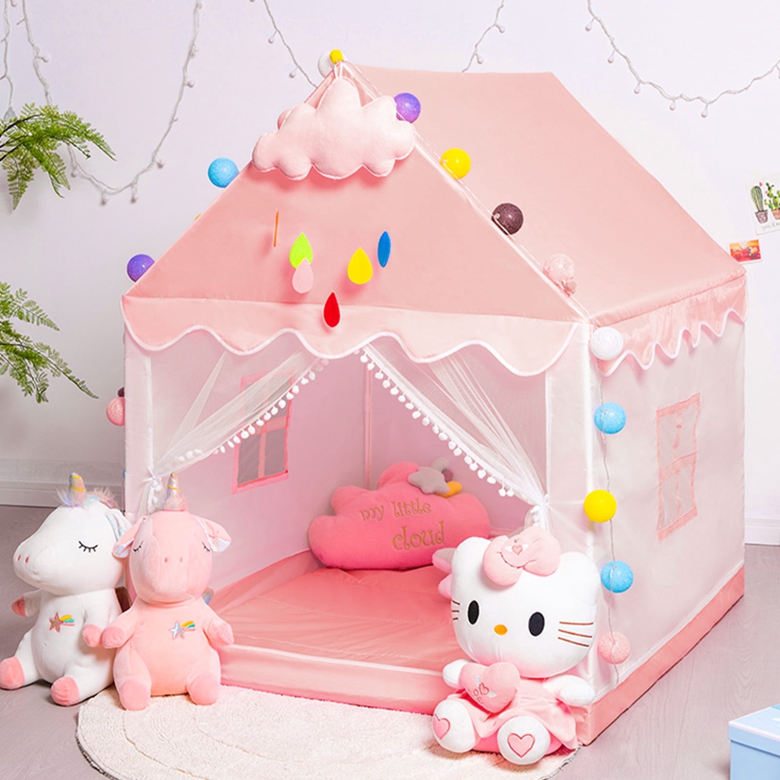 KEYAHAPPY Princess Playhouse Castle Kids Tent with Lights and Mesh Windows (Pink, 47.2 in L x 39.4 in W x 51.2 in H) 5blle