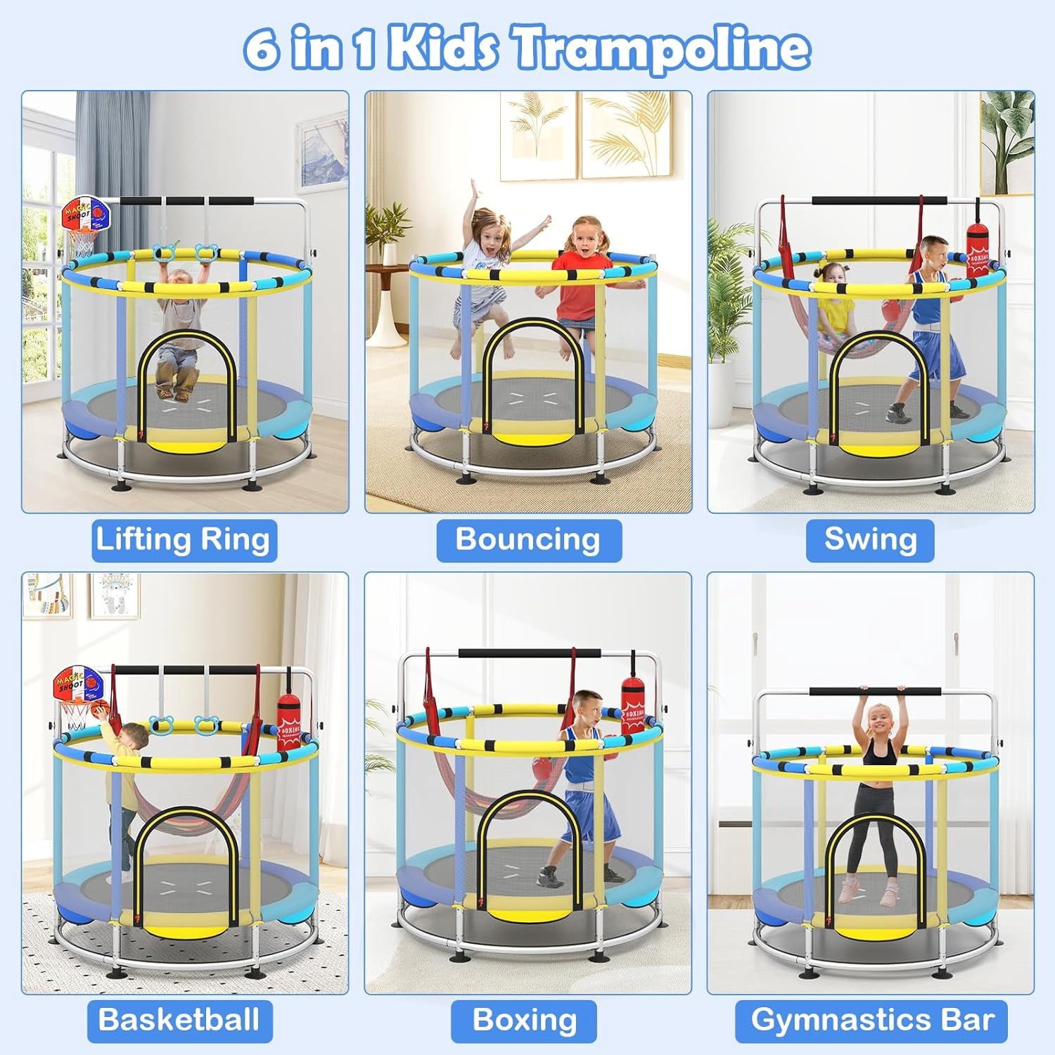 Olakids 55 in Kids Trampoline with Enclosure Net and Gymnastics Bar (Blue, 55 in) qag5w