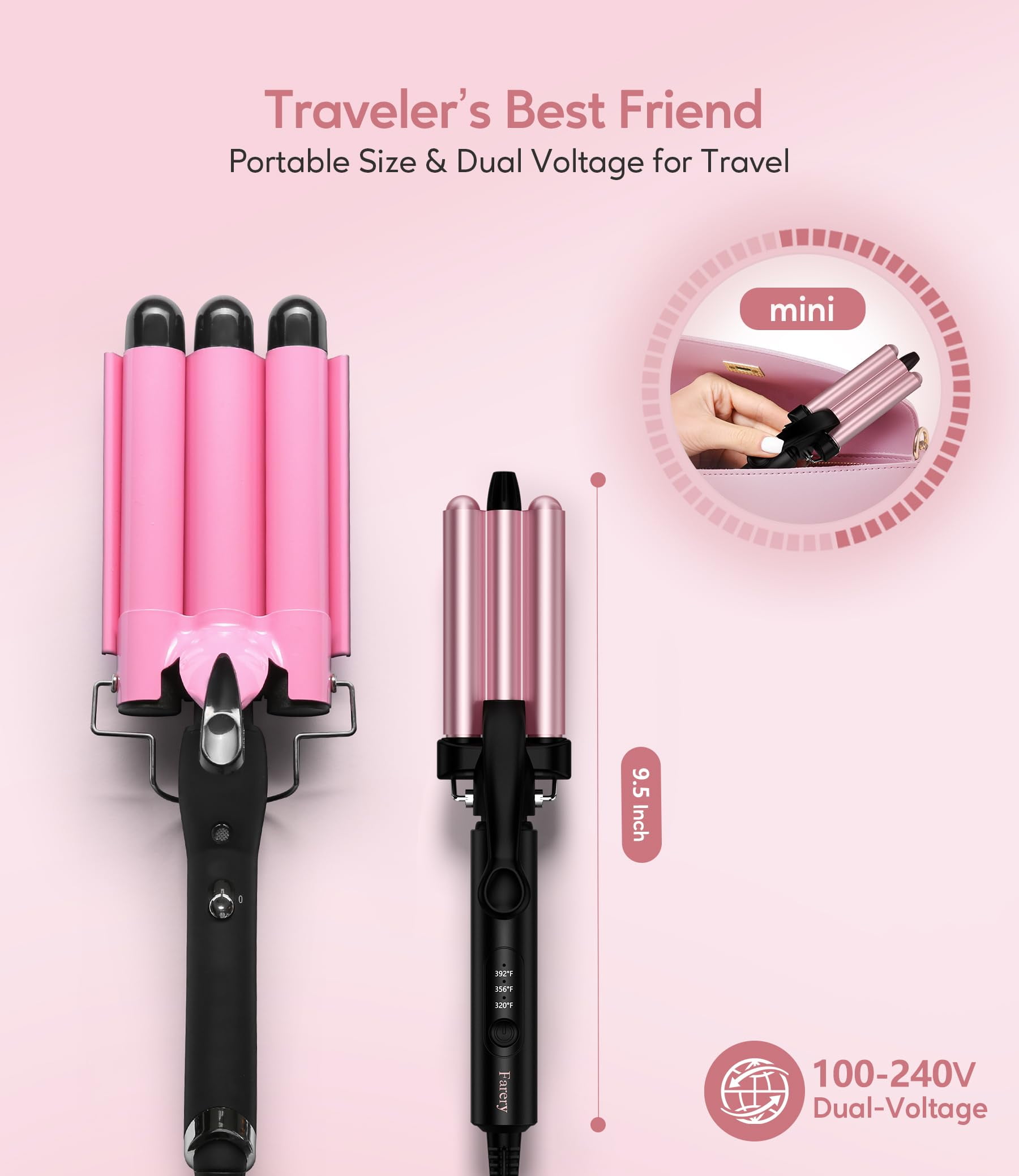 Farery Mini Hair Crimper, 3-Barrel Waver for Textured Waves and Volume (Rose Pink, 9.5 in) zwu4c