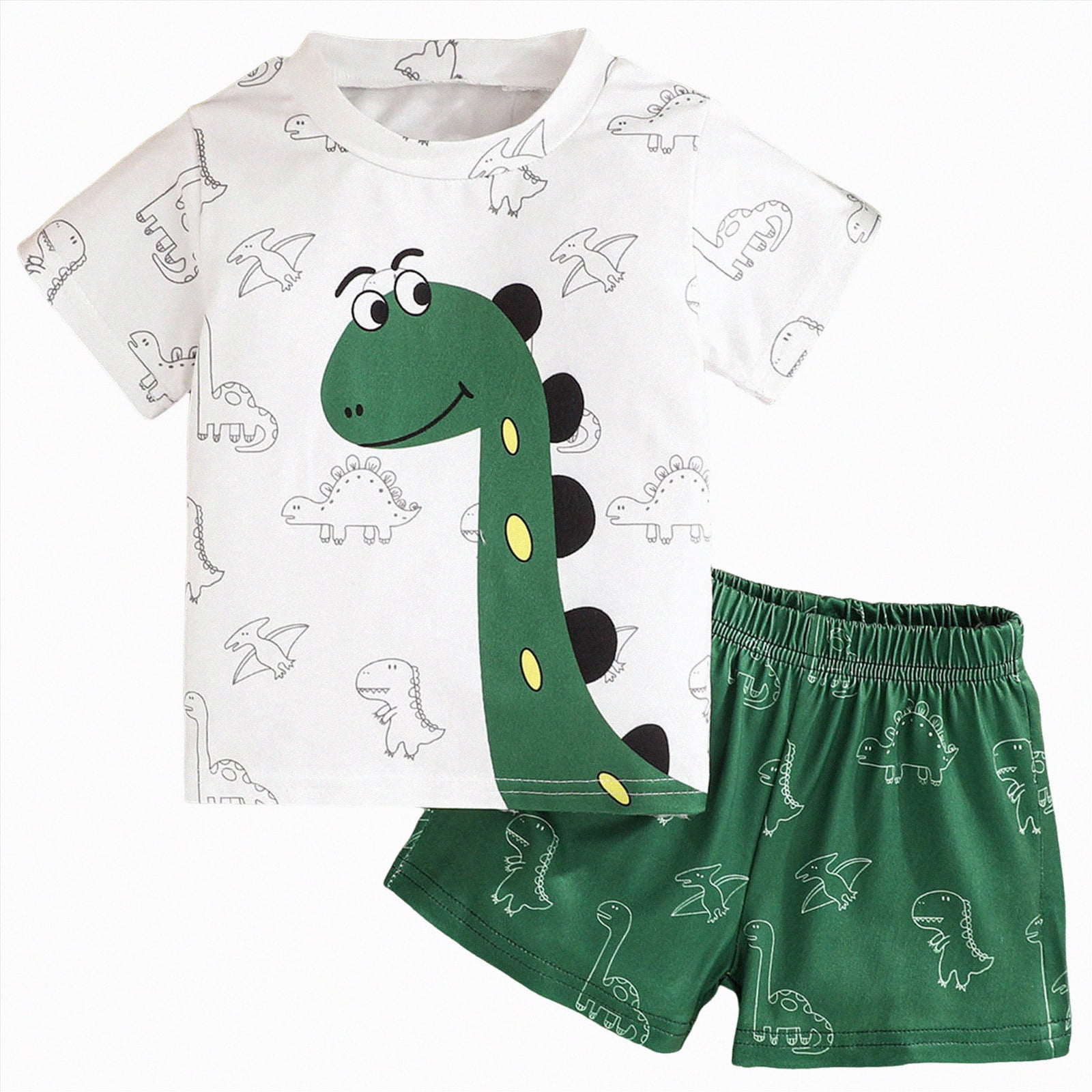 KPOPLK Toddler Baby Boy 2-Piece Outfit Set Short Sleeve Bodysuit and Shorts Cartoon Dinosaur Print (Green, 2-3T) eeun6