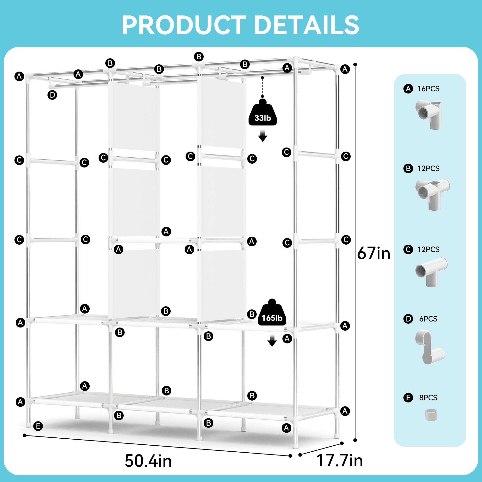 YOUPINS Portable Closet Organizer with 8-Shelf and Hanging Rods (Gray, 50.4 in x 17.7 in x 67 in) 6re5r