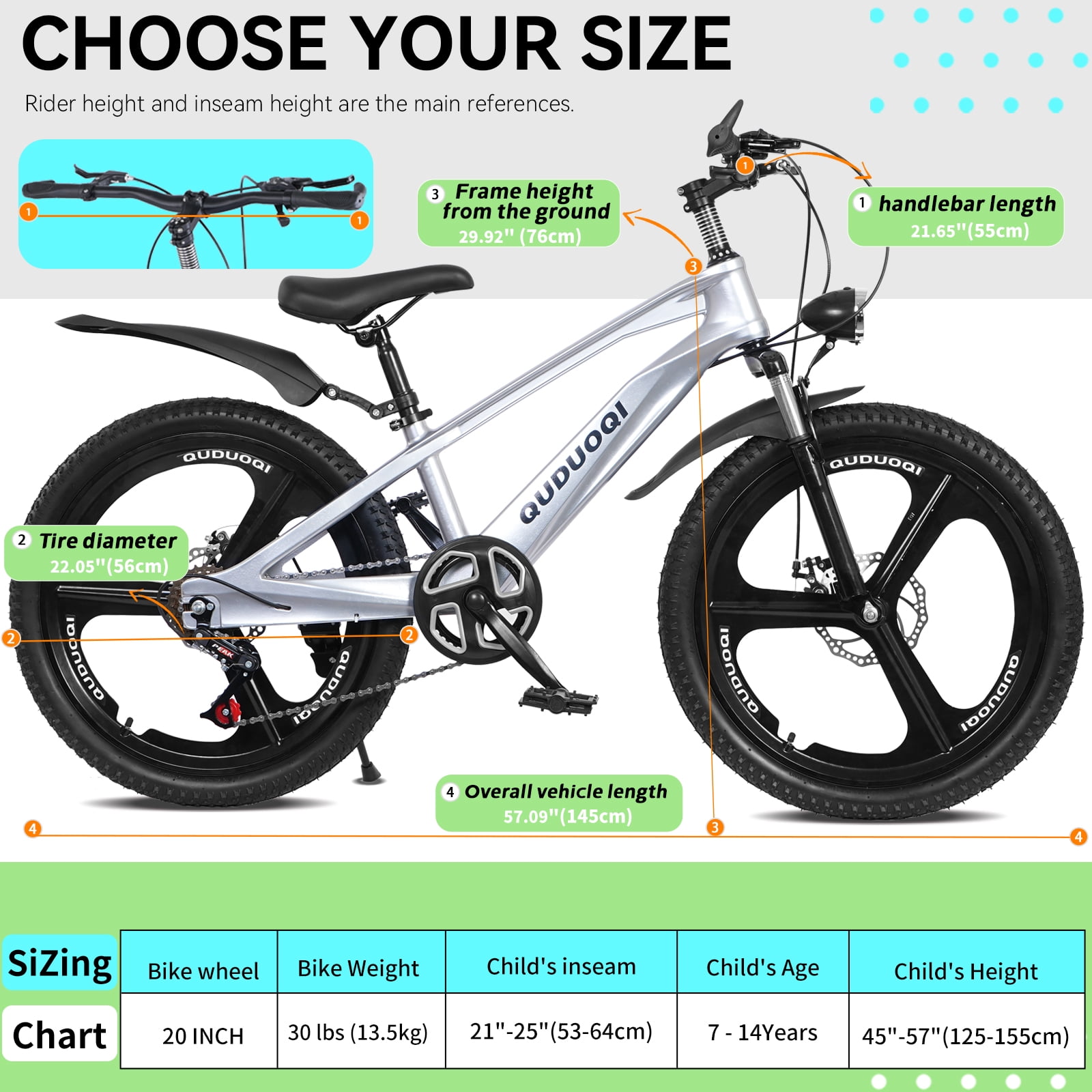 Ambifirner Kids Mountain Bike, 20 in All-Terrain Bicycle with Suspension Fork and 7-Speed Drivetrain (Silver, 20 in) 0q5h2