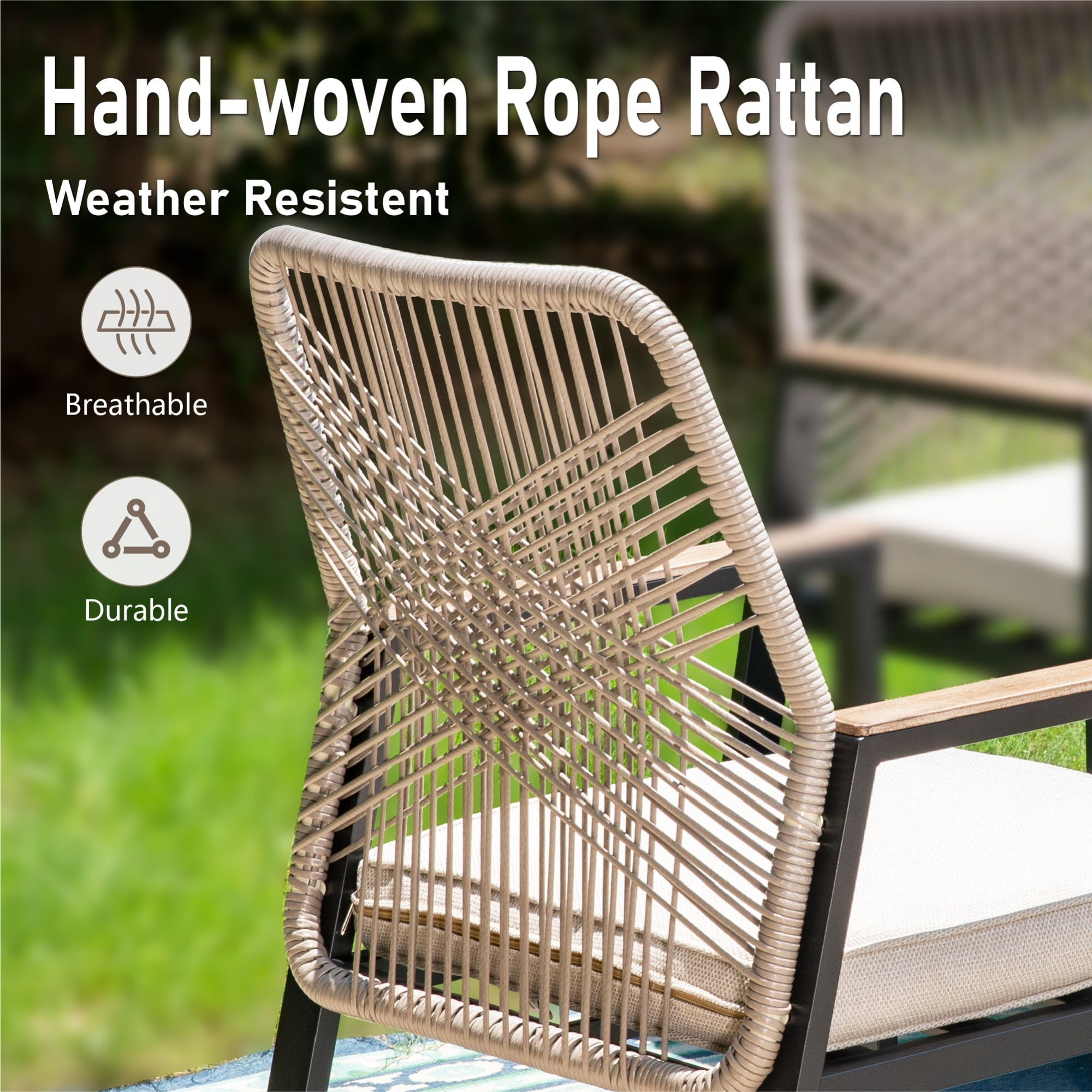MF Studio 5-Piece Outdoor Patio Dining Set, Rattan Rope-Woven Chairs and 34.2 in Square Table (Black and Beige, 5-Piece Set) 0m3xf