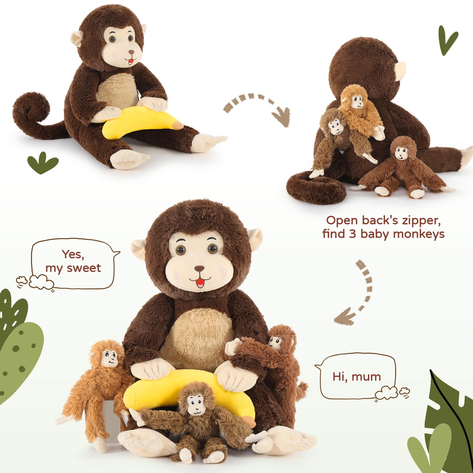 MaoGoLan Monkey Mommy Stuffed Animal Set with 3 Baby Monkeys and 1 Banana Plush Toy (Brown, 25.6 in) lcchm