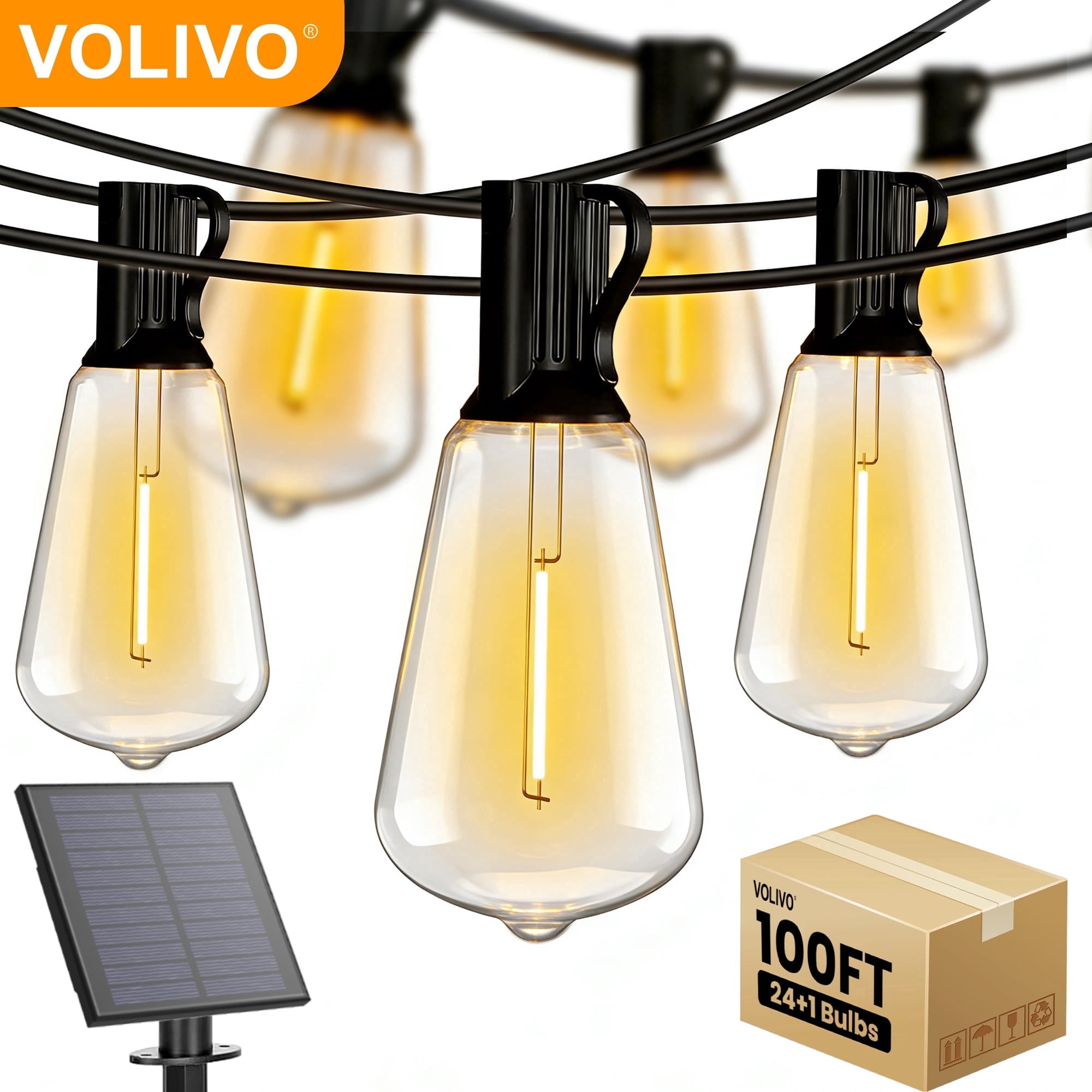 Volivo Solar Outdoor String Lights, Shatterproof Patio Lighting with 24 Vintage Edison Bulbs (Warm White, 100 ft) 3je2q