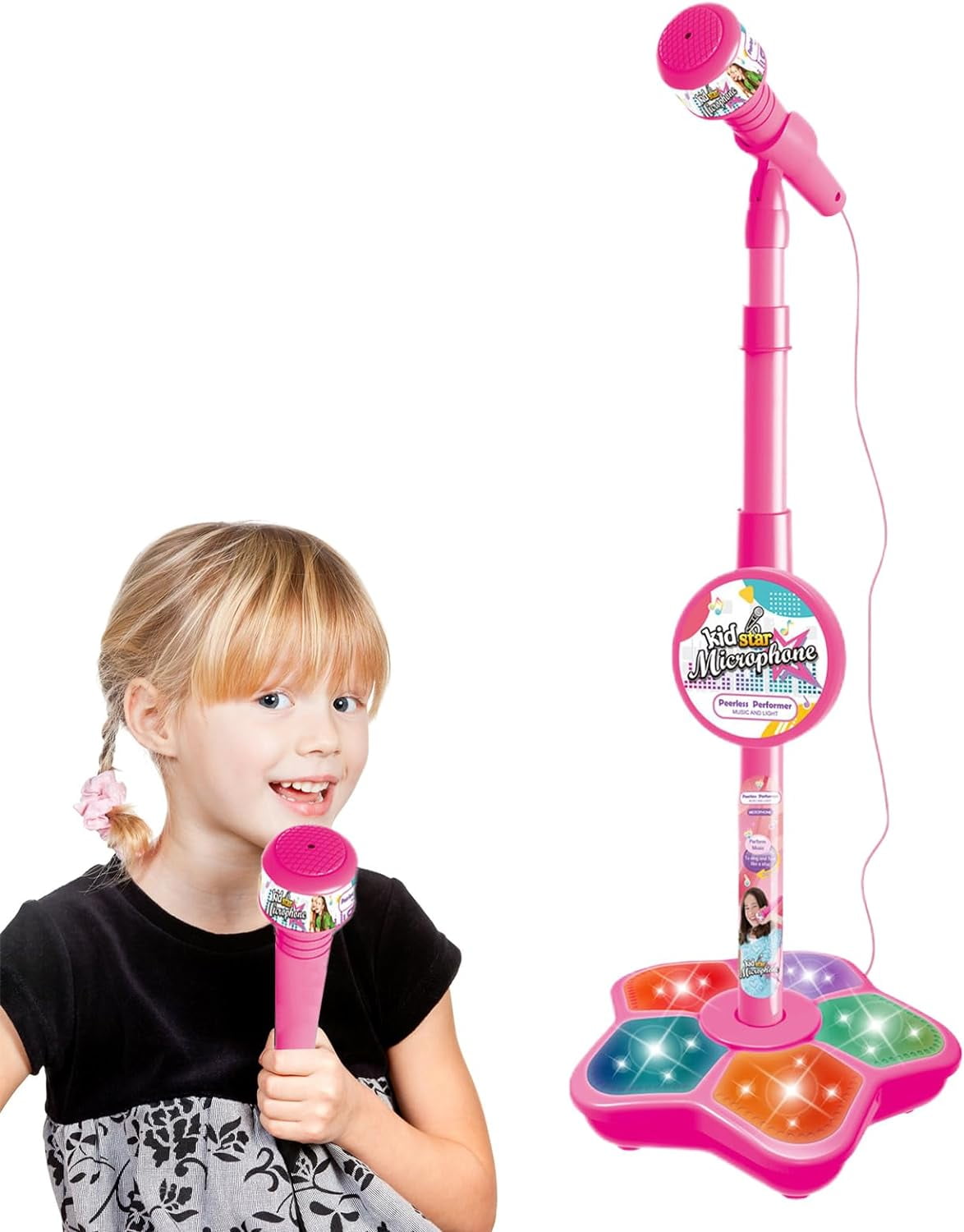 INvench Kids Karaoke Machine with Adjustable Stand and Stage Lights (Pink, 1 Set) sq9wh