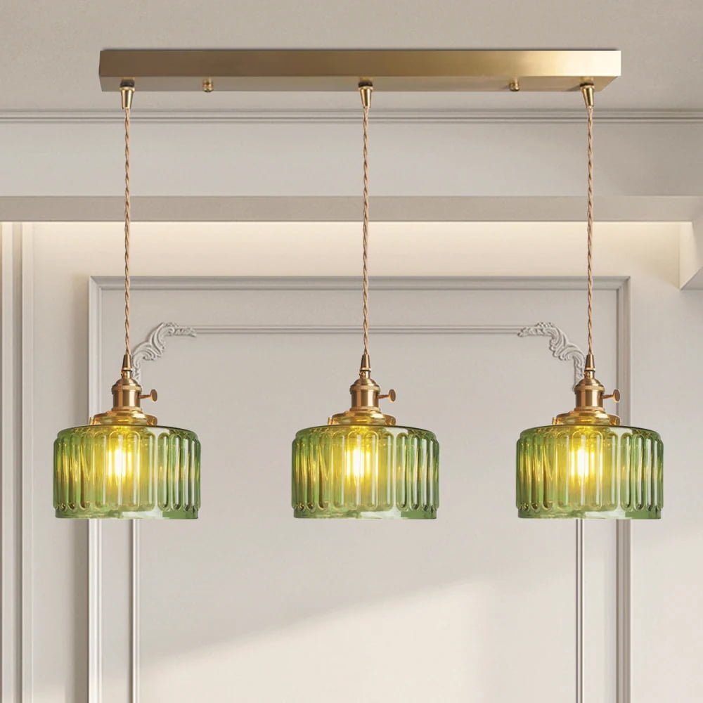 Arturesthome Vintage Glass Pendant Light, Wavy Cylinder Hanging Lamp for Kitchen Island (Green, 8 in) 4xqx1