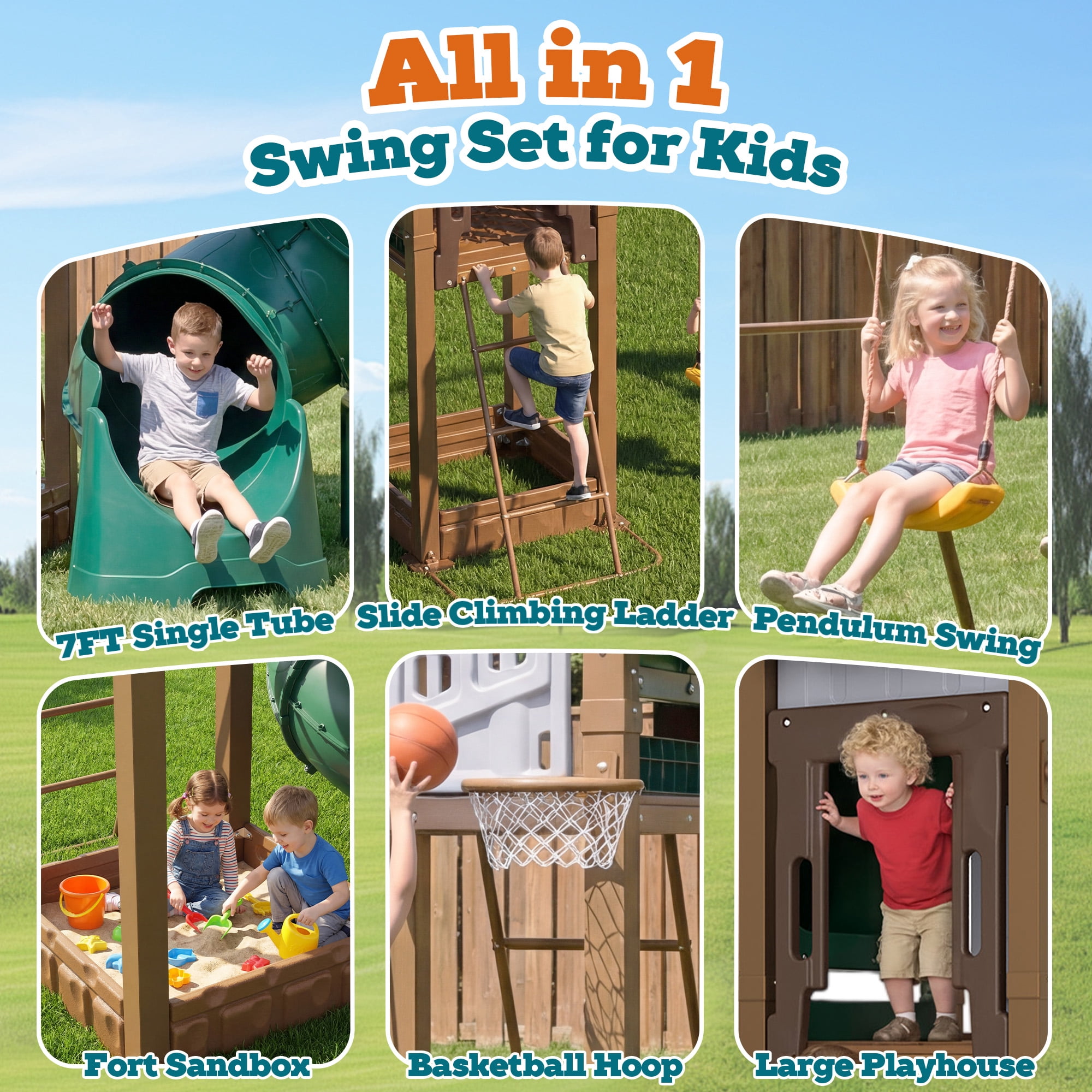 LIZHOUMIL Backyard Playset with Slide, Dual Swings, Climbing Wall, and Sandbox (Heavy-Duty Galvanized Steel, 15 ft x 12 ft) revoo