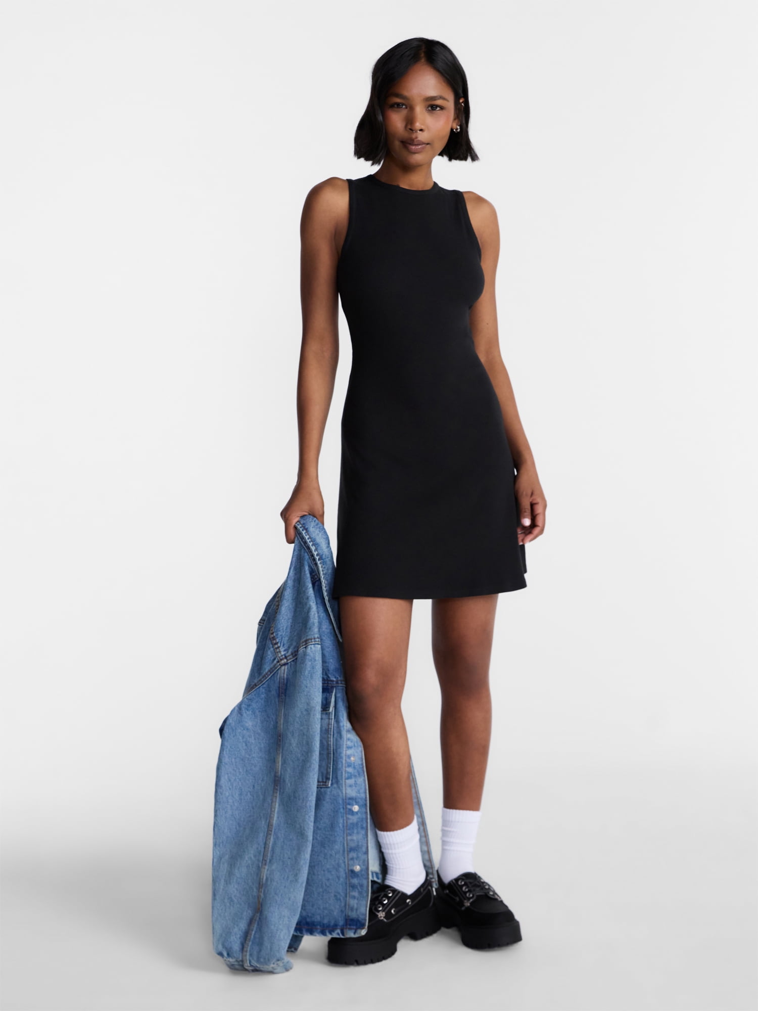 No Boundaries Women's High Neck Ribbed Mini Dress (Black, XXL) 8742w